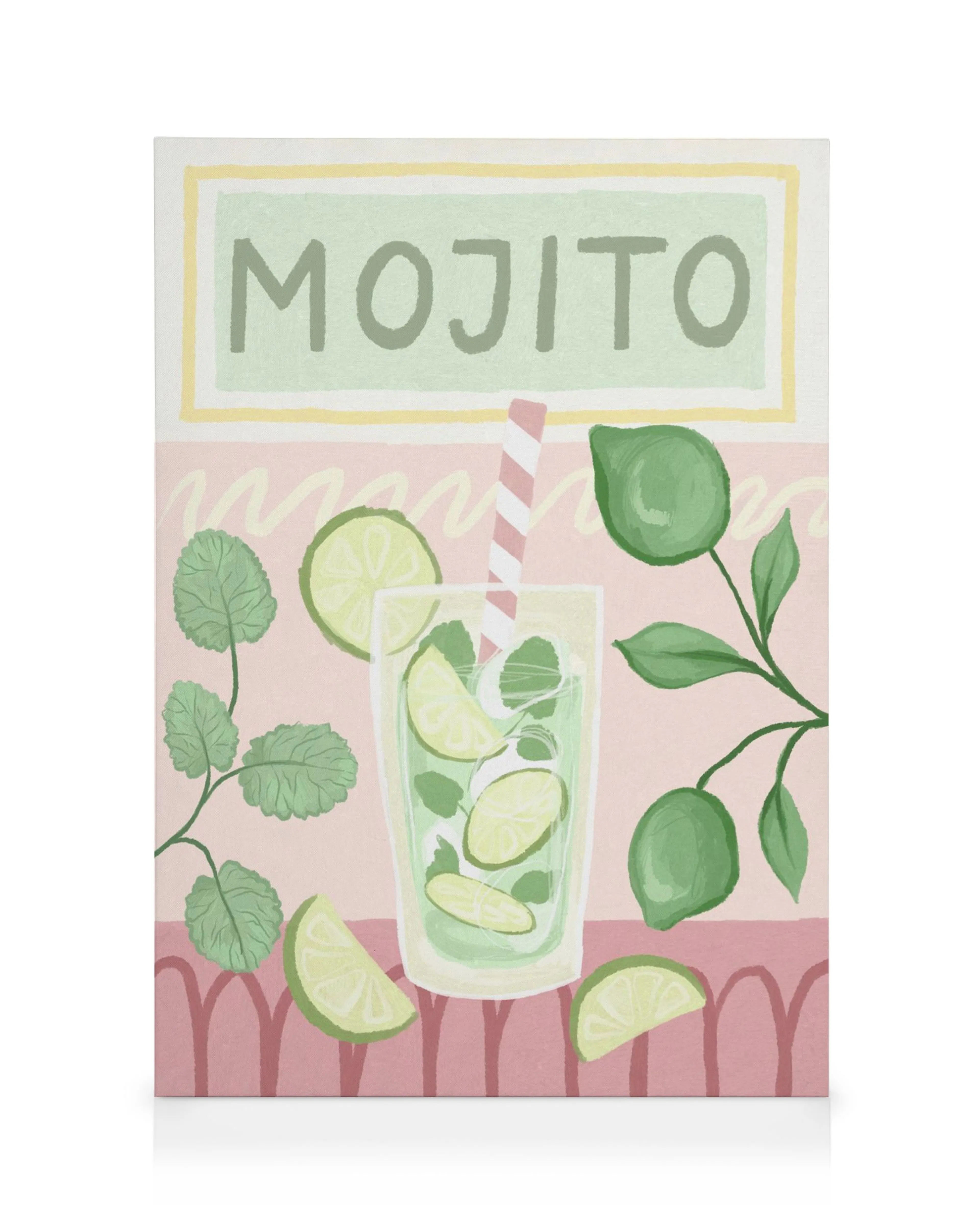 Mojito-cocktail kanvaasi, jossa vaaleanpunainen tausta, vihreät limet ja mintunlehdet lasissa. Yläosassa teksti MOJITO.