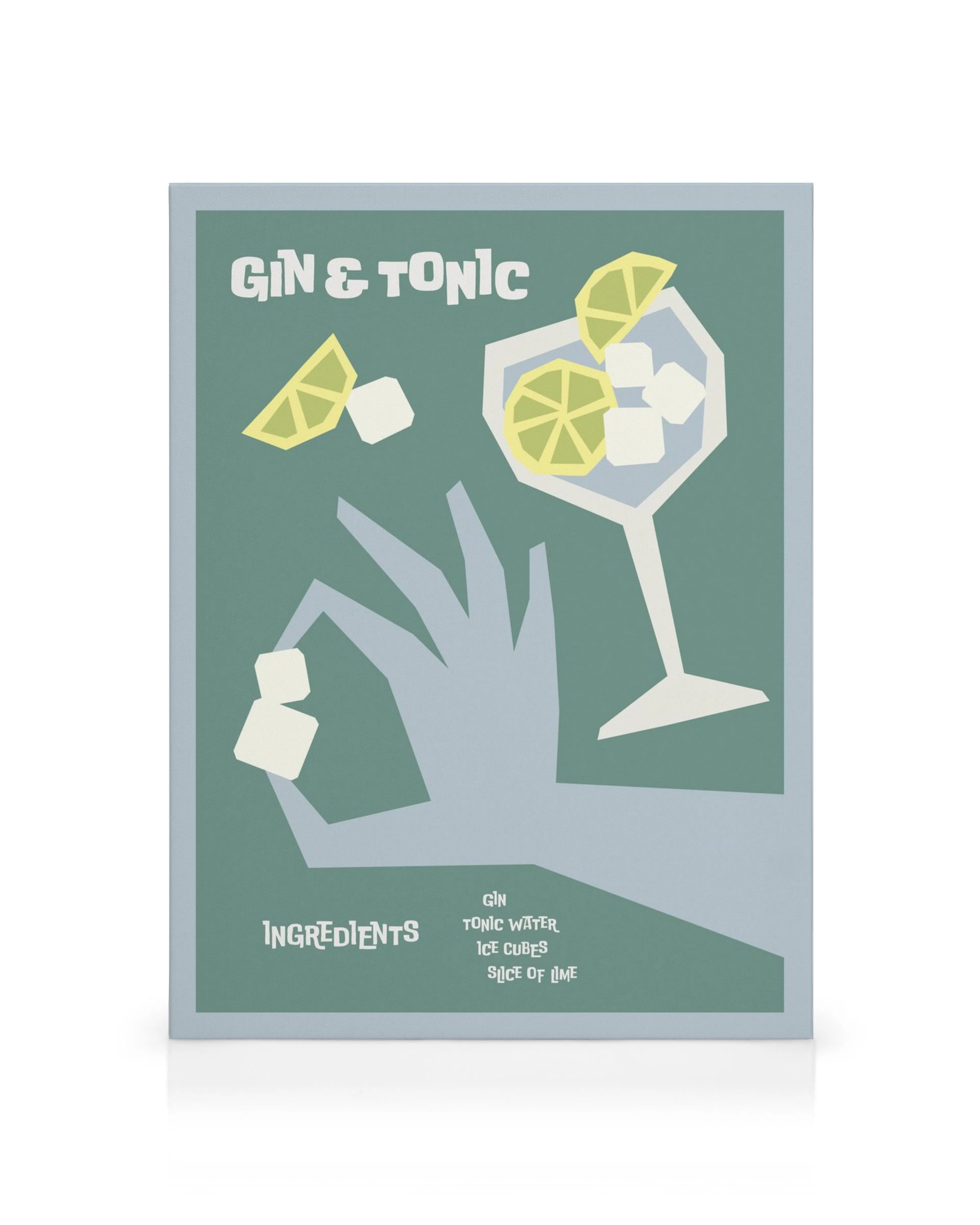 Quadro em tela Gin & Tonic com design abstrato de cocktail e mão, em tons de cinza, amarelo e branco.