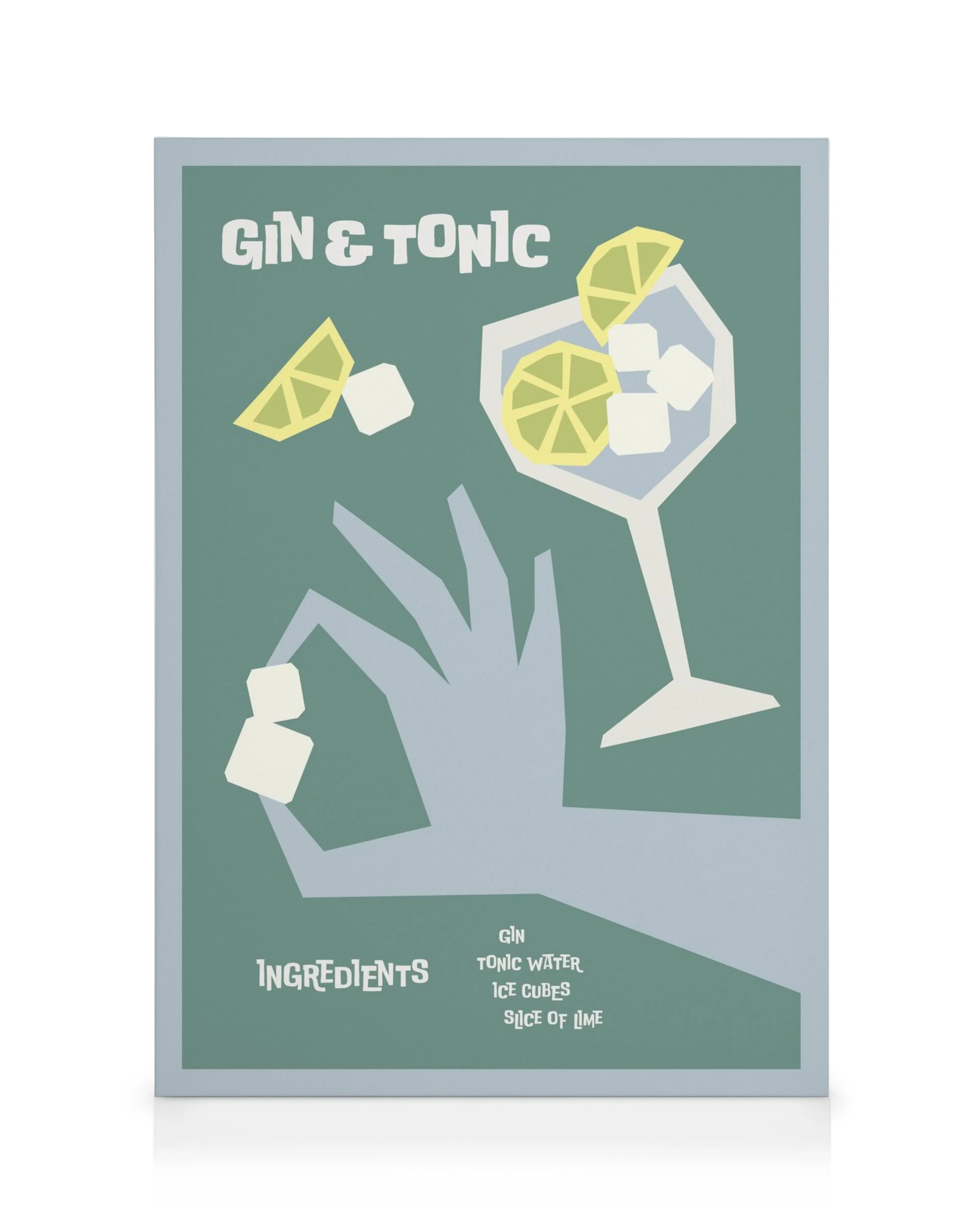 Toile gin tonic stylisé avec une main versant des glaçons et du citron sur fond vert-gris, typographie en blanc