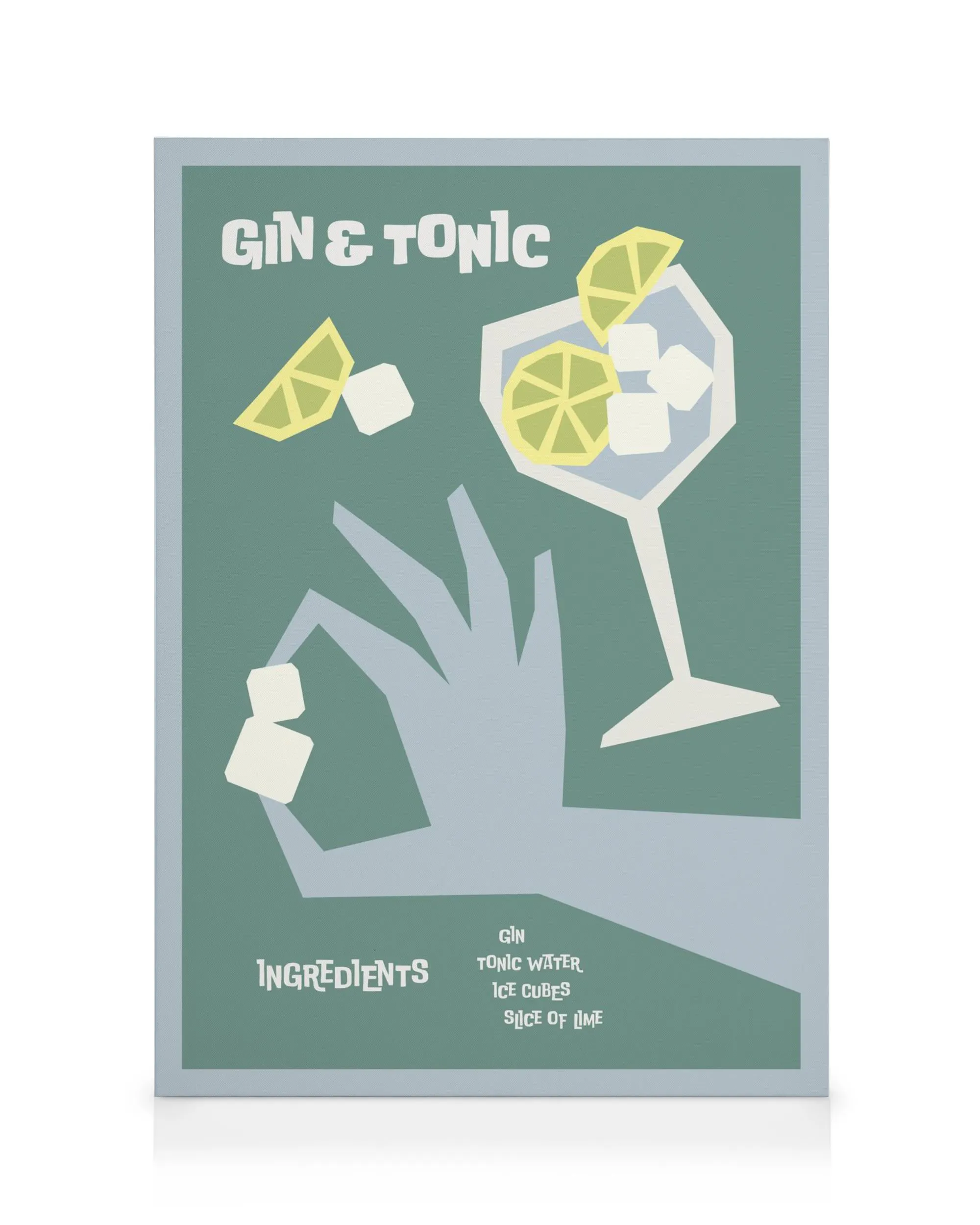 Stilren Gin & Tonic canvastavla med drink, citronskivor, isbitar och hand som håller isbit, i grå, gula och vita toner.
