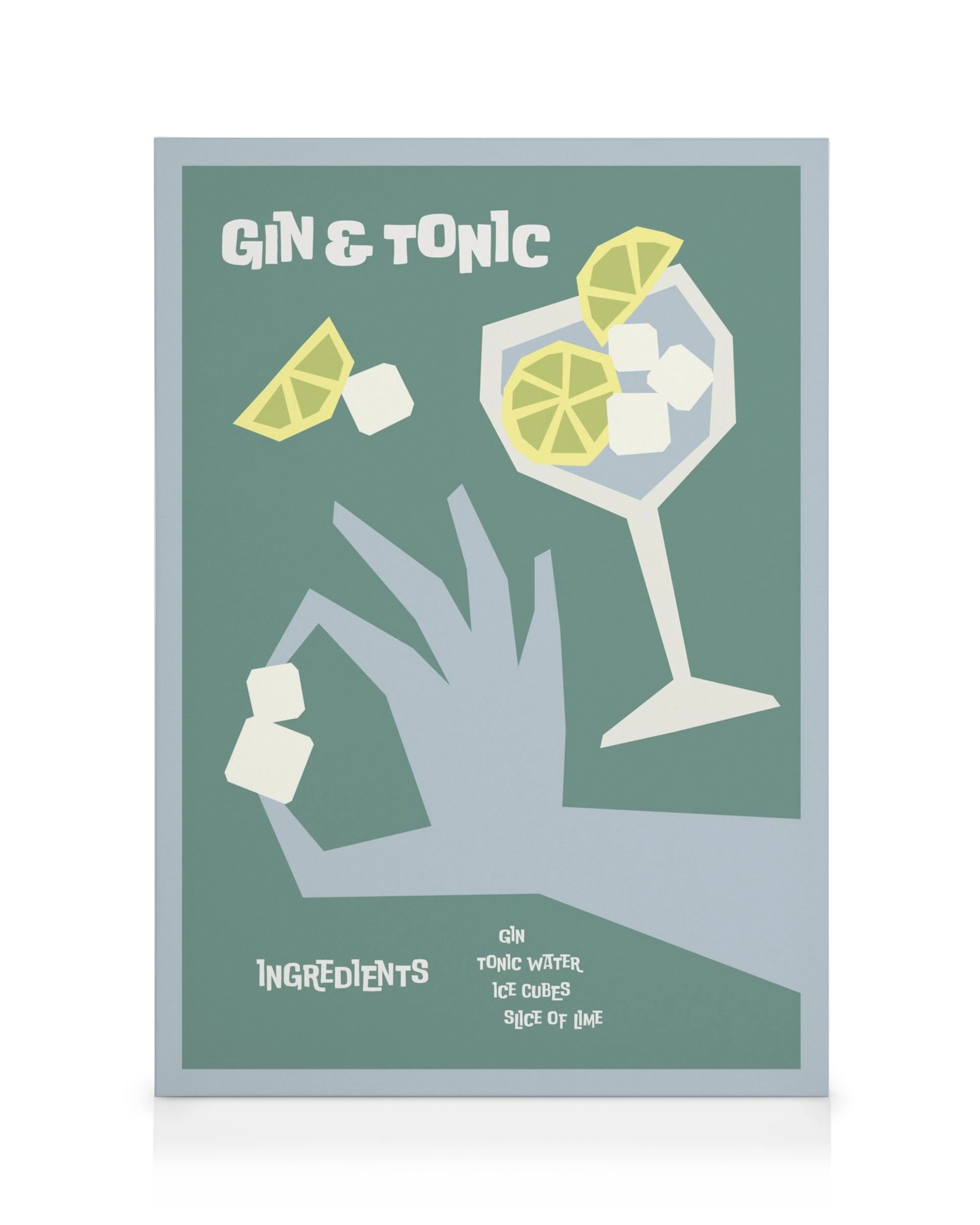 Stilren Gin & Tonic canvastavla med drink, citronskivor, isbitar och hand som håller isbit, i grå, gula och vita toner.