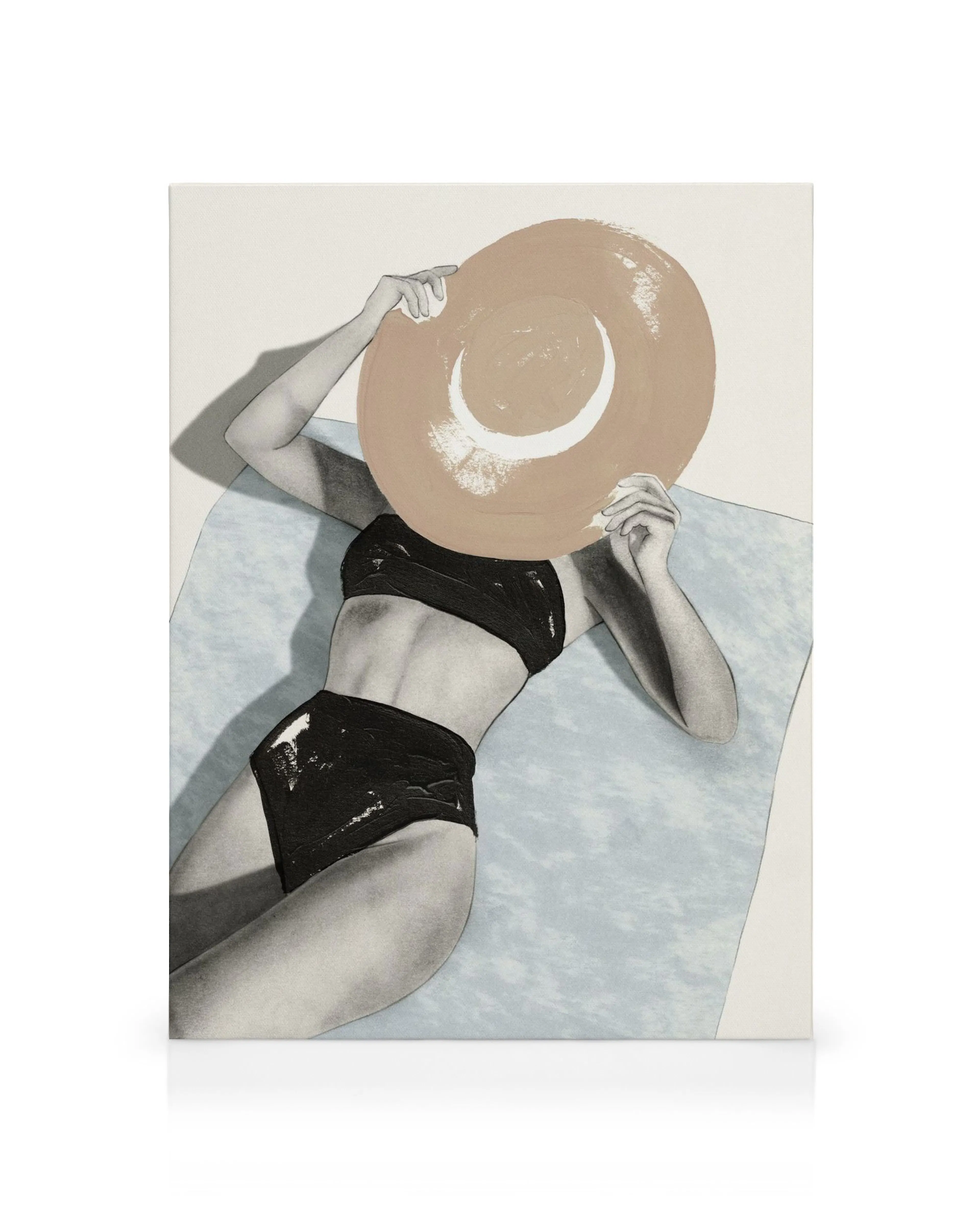 Canvas print of a woman in a black bikini with a sun hat, on a blue and white background.