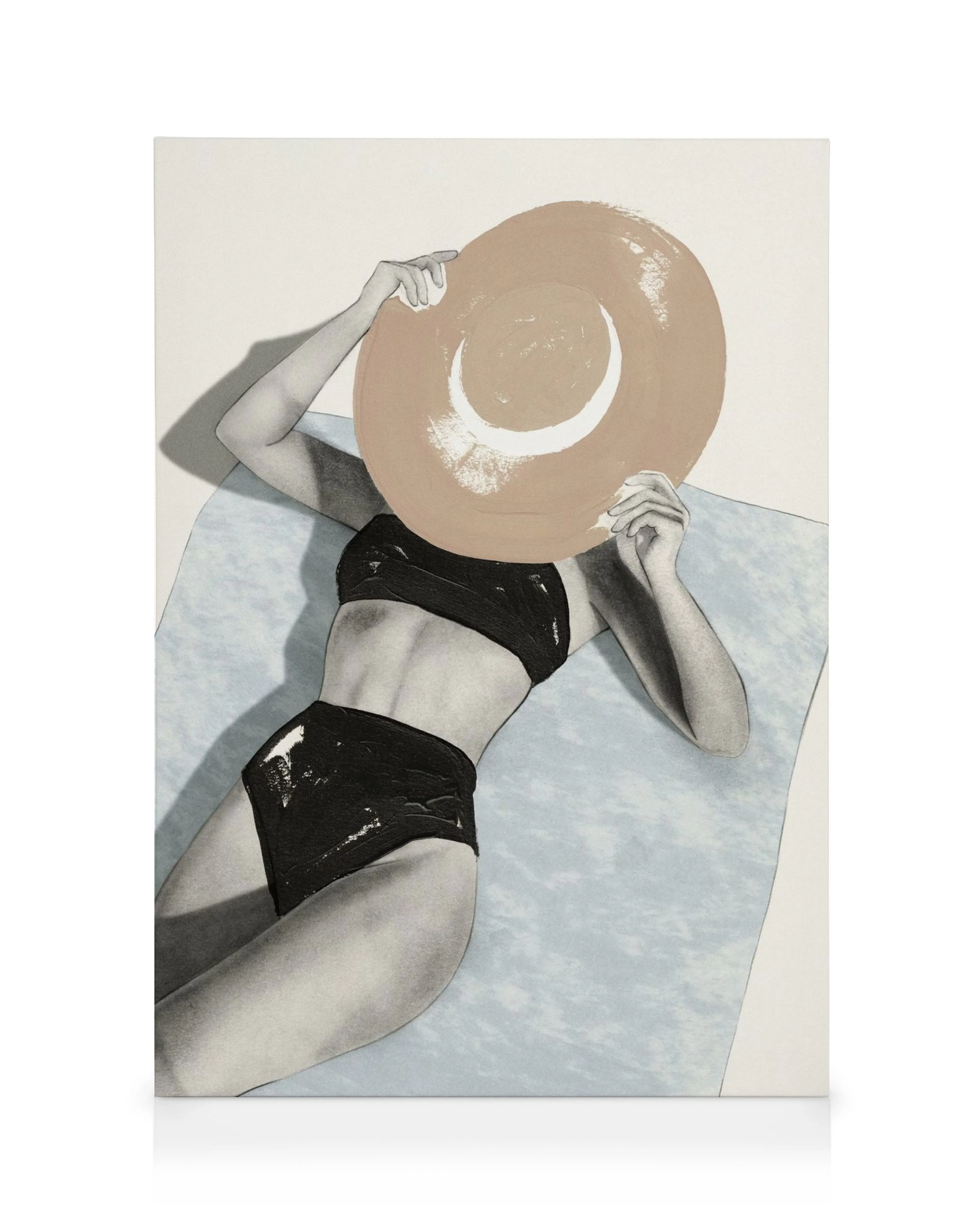 Monochromatic woman in bikini sunbathing, face hidden by a large peach sun hat, on a light blue towel, summer beach art