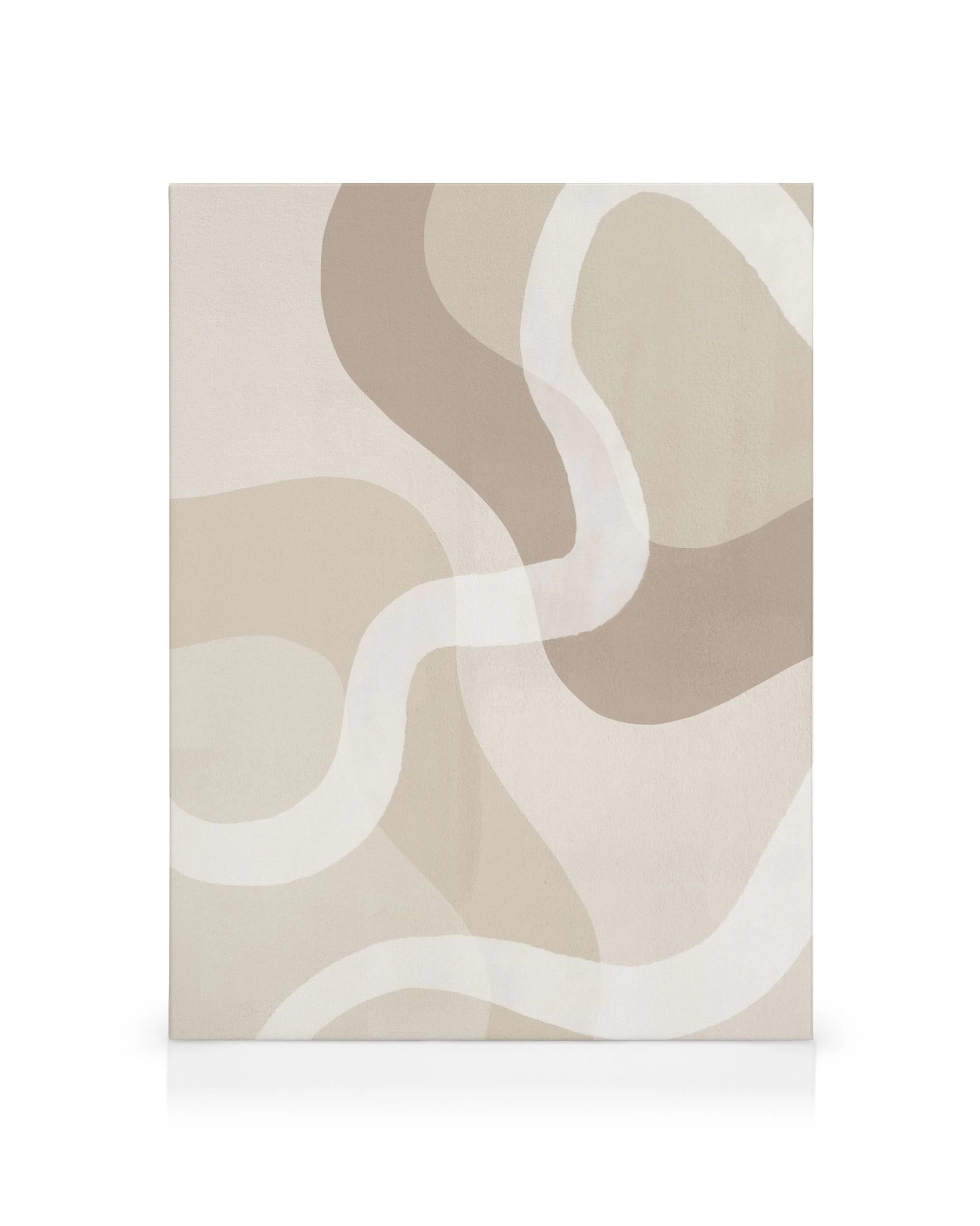 Lienzo abstracto con líneas onduladas marrones y blancas sobre un fondo crema, creando un diseño fluido y neutral.