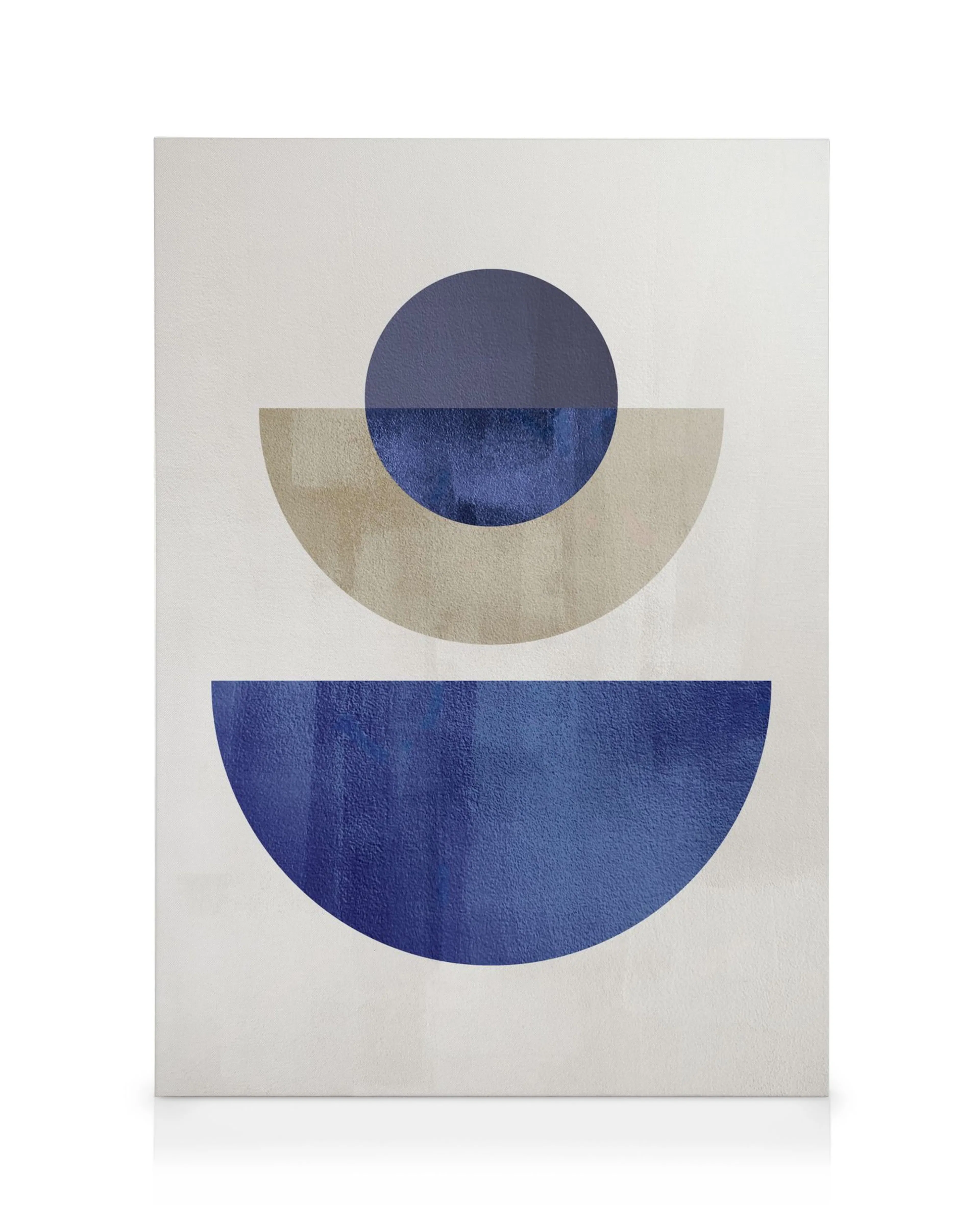 Toile abstraite bleu et beige avec formes géométriques, cercle et demi-cercles, sur fond blanc cassé.