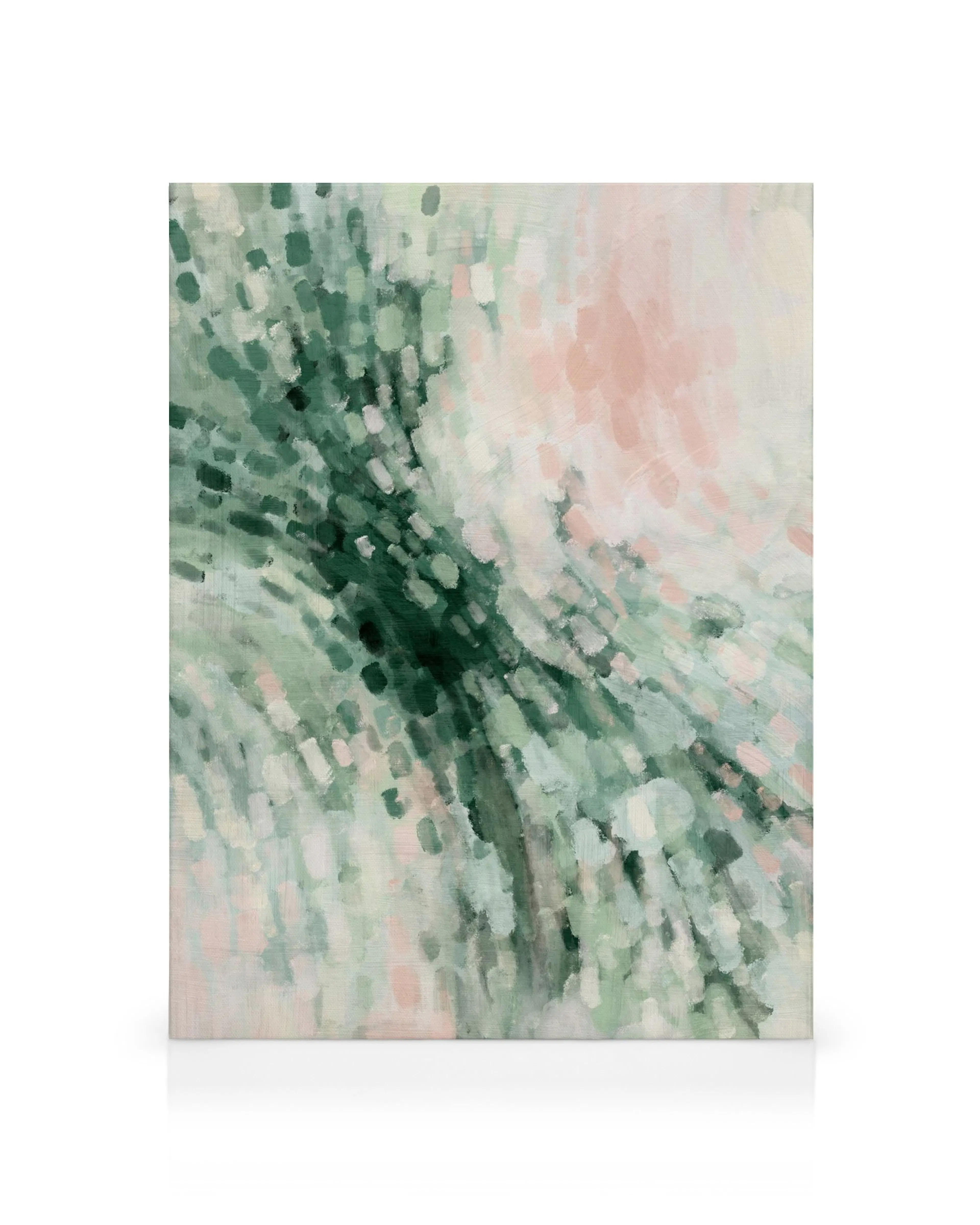 Abstrakte Kunst auf Leinwand: Grün-, Weiß- und Rosatöne, die sich in dynamischen, runden Formen über das Bild verteilen.