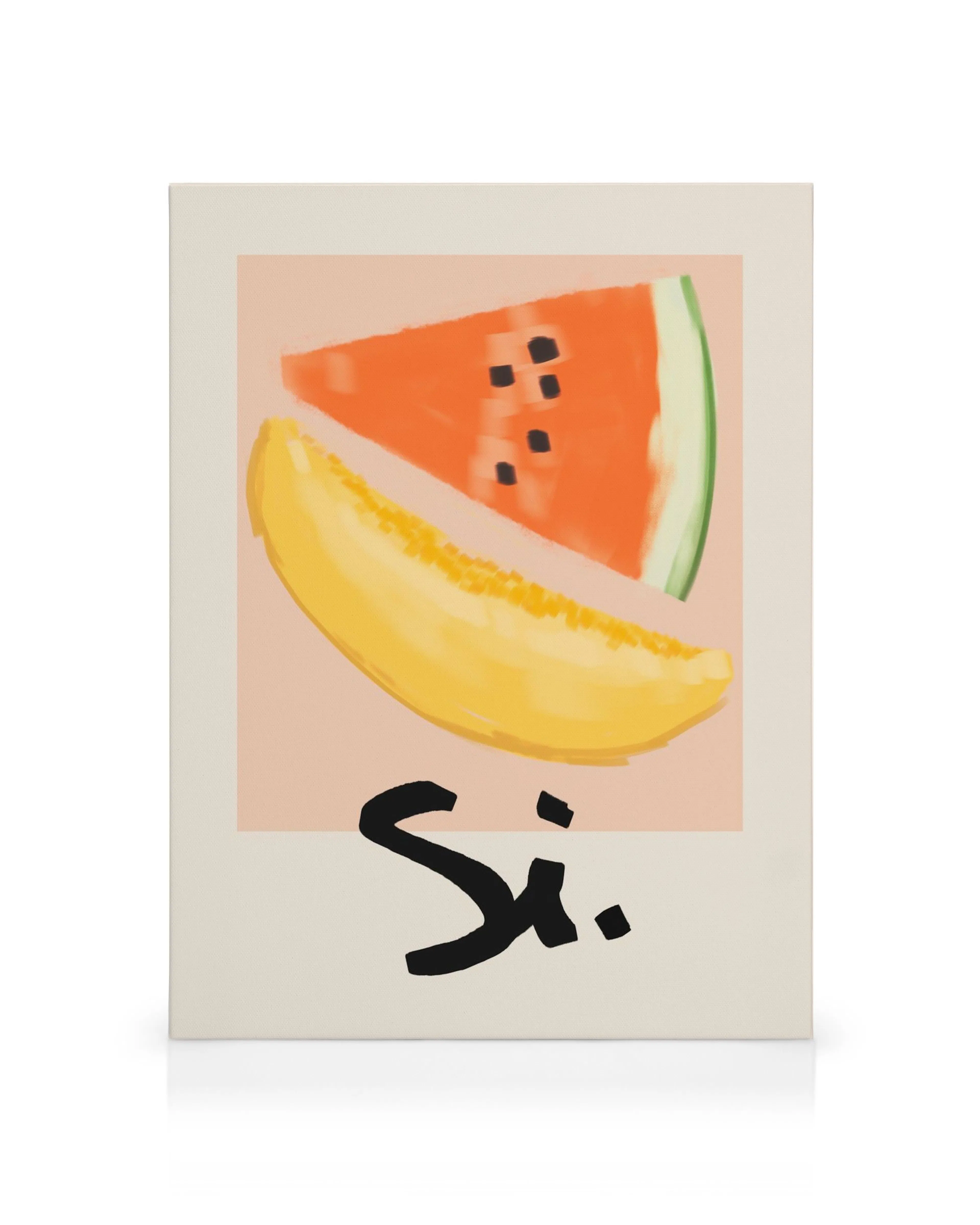Leinwandbild mit abstraktem Wassermelonen- und Bananenmotiv, rosa Hintergrund, schwarze Si. Aufschrift.