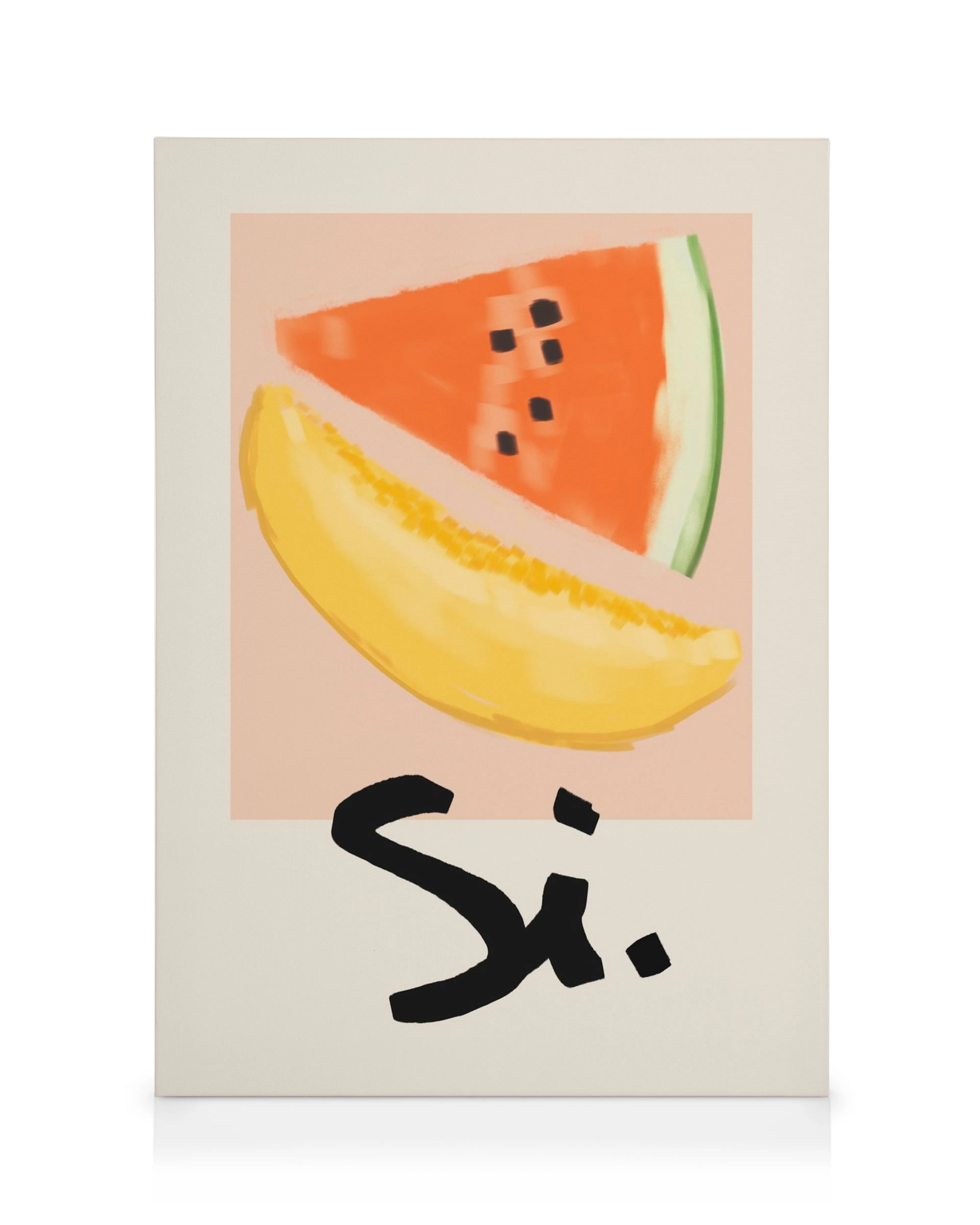 Lienzo con ilustración de plátano amarillo y sandía roja sobre la palabra Si en fondo beige rosado.