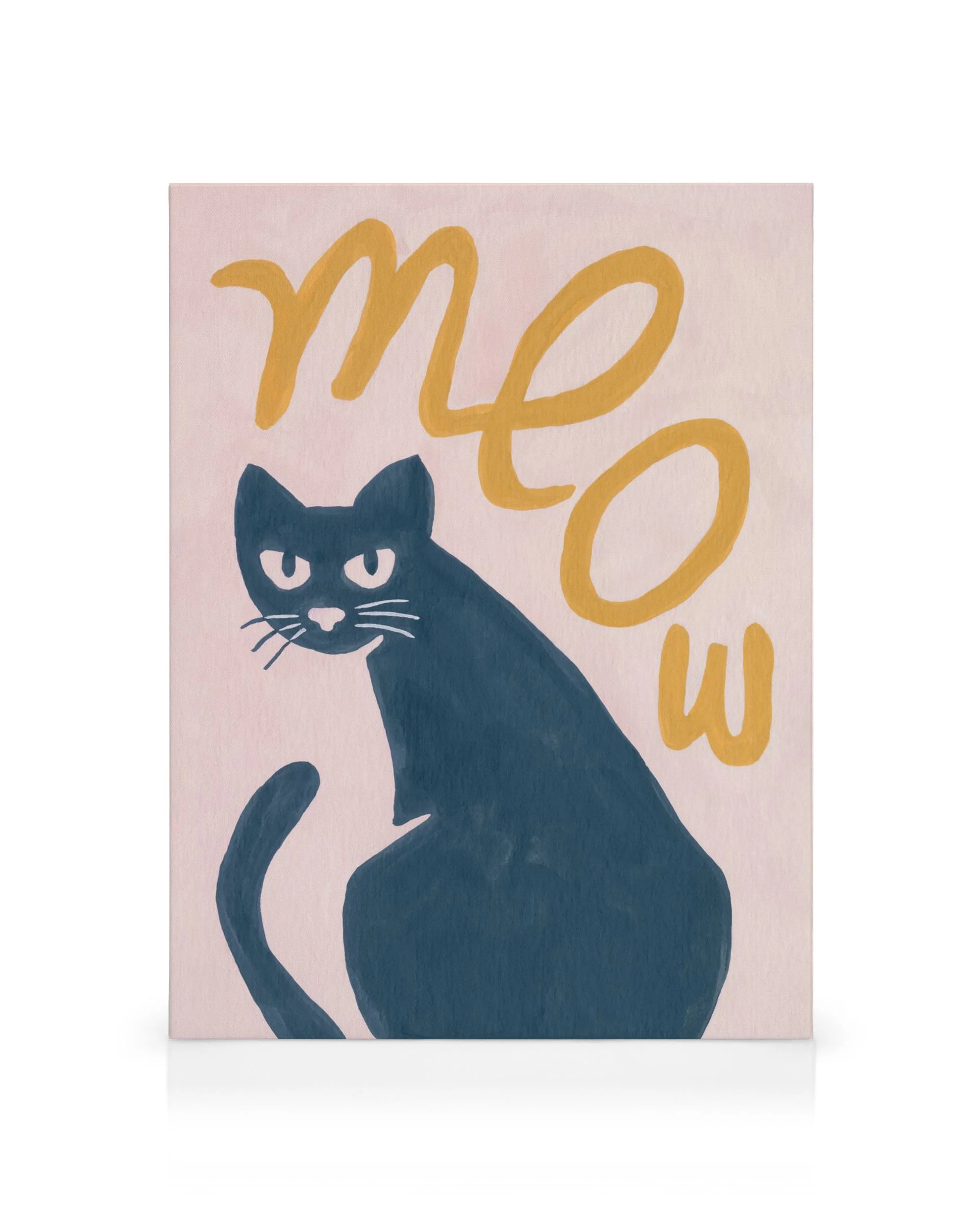 Hey Kitty canvas print, a teal cat illustration with meow in gold on a pink background, ideal for cat lovers.