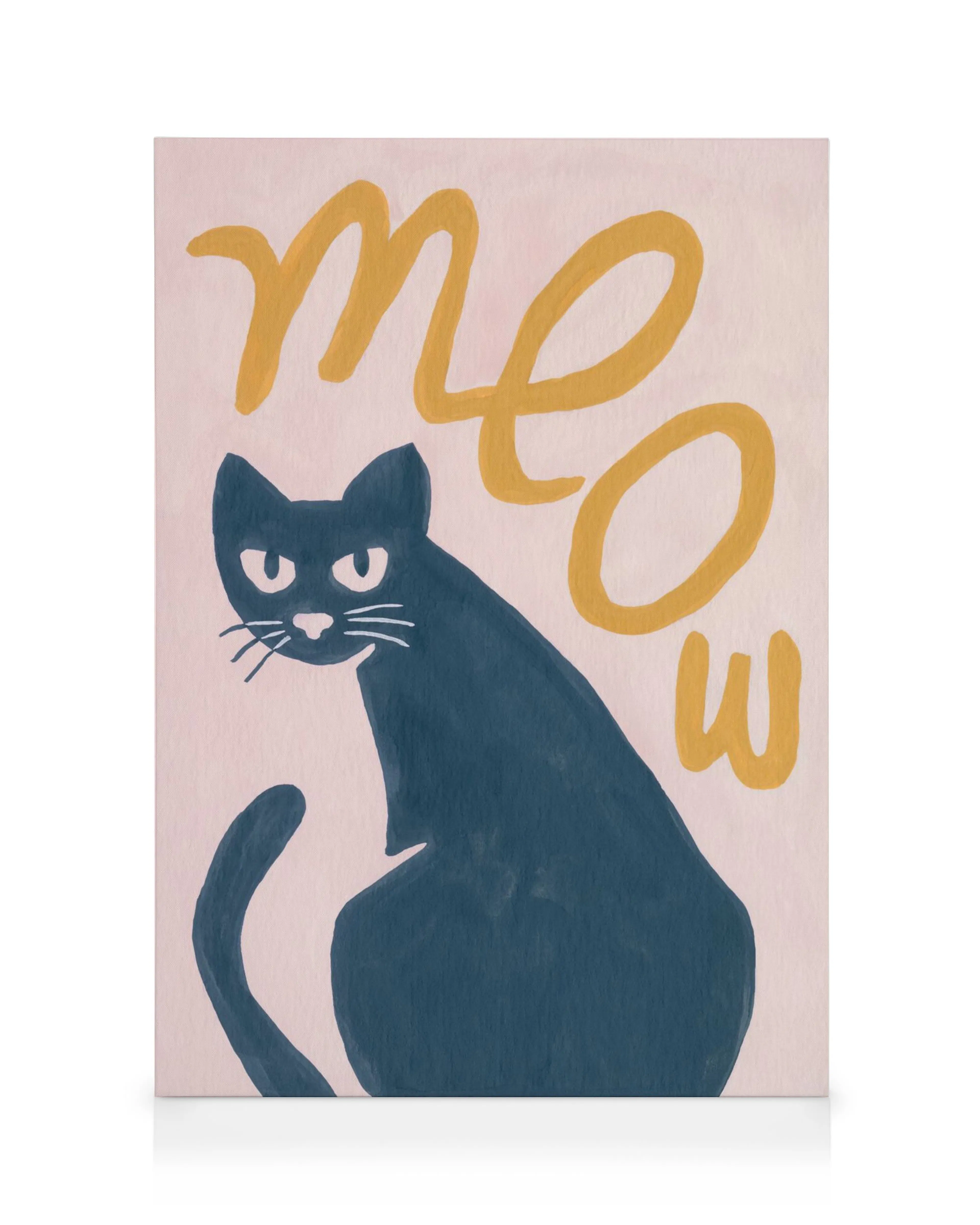 Dark blue cat with Meow in yellow on pink background canvas print