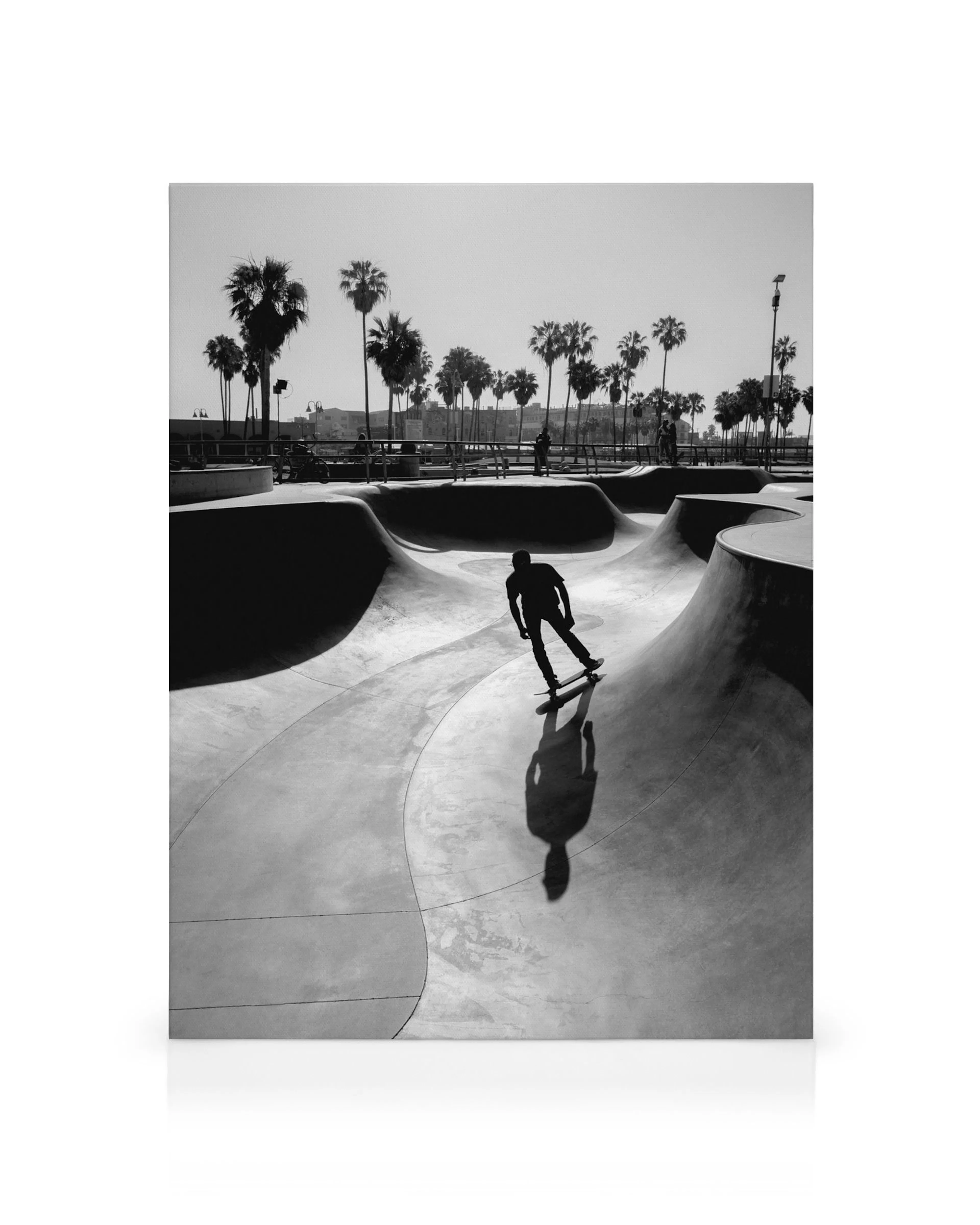 Black and white Venice Beach skate park with a lone skateboarder and palm trees.