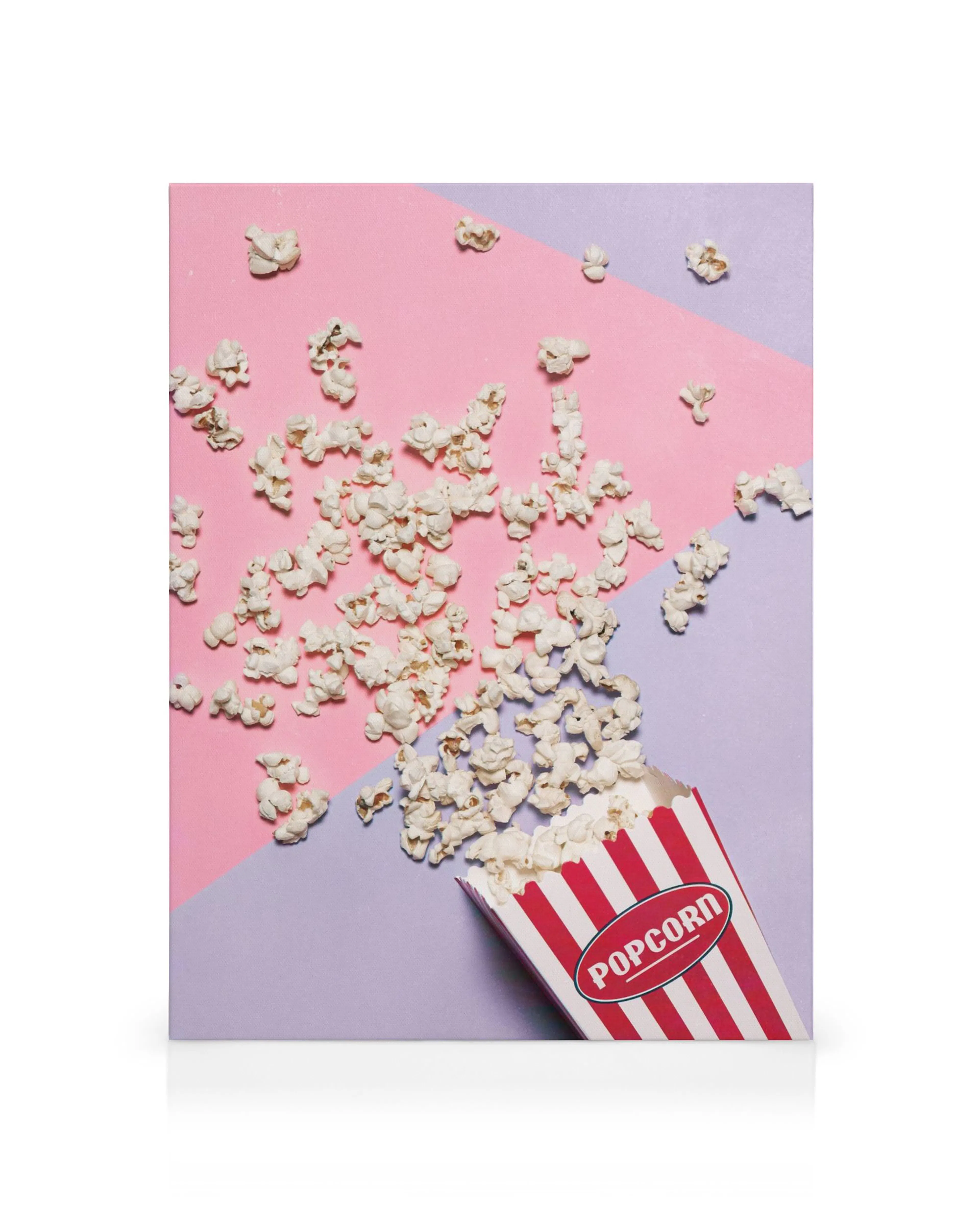 Stampa su tela Popcorn con scatola a strisce rosse e bianche su sfondo rosa e viola, tema cucina