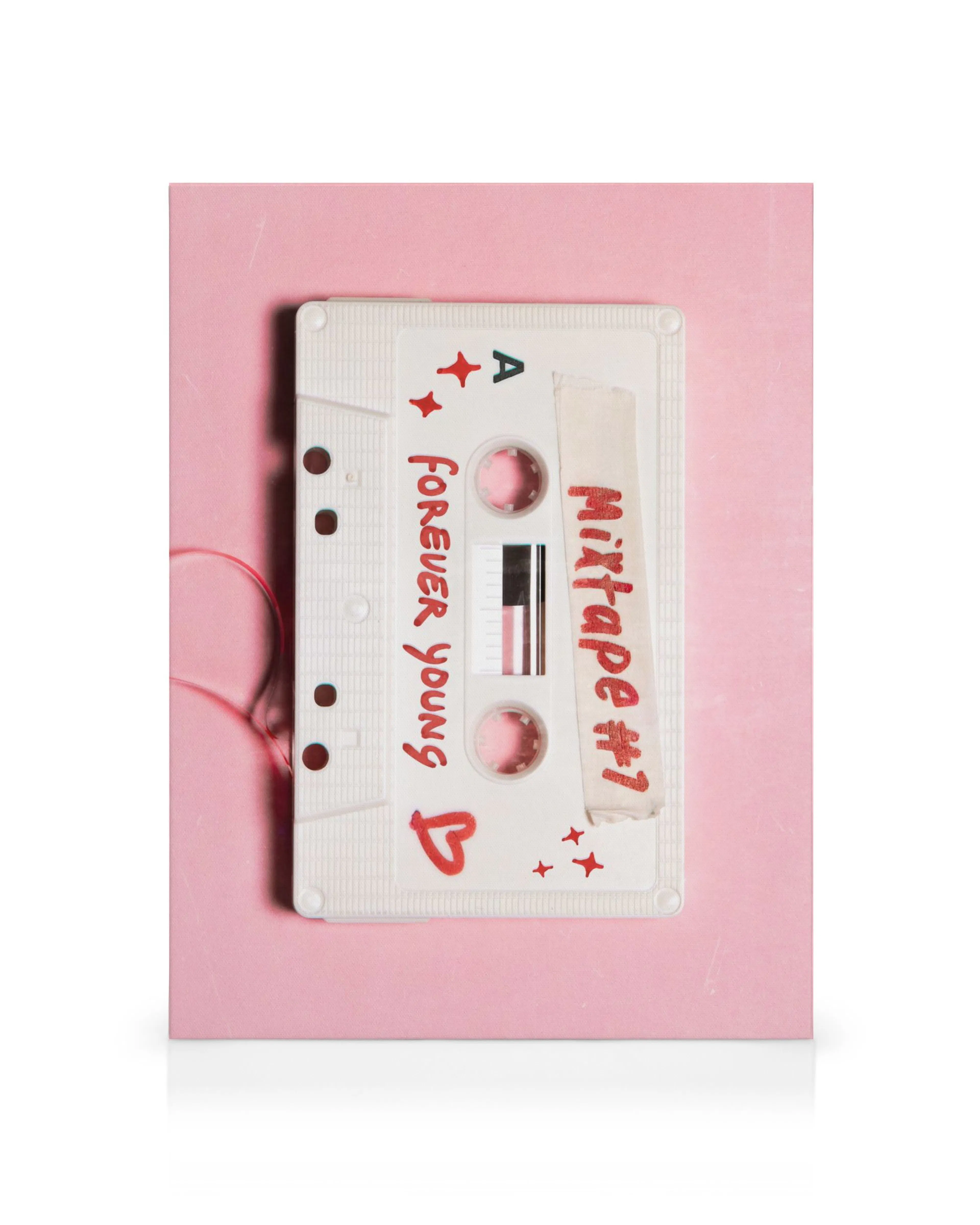 Vintage Mixtape Leinwandbild auf rosafarbenem Hintergrund, mit Aufschrift Forever Young und Mixtape #7