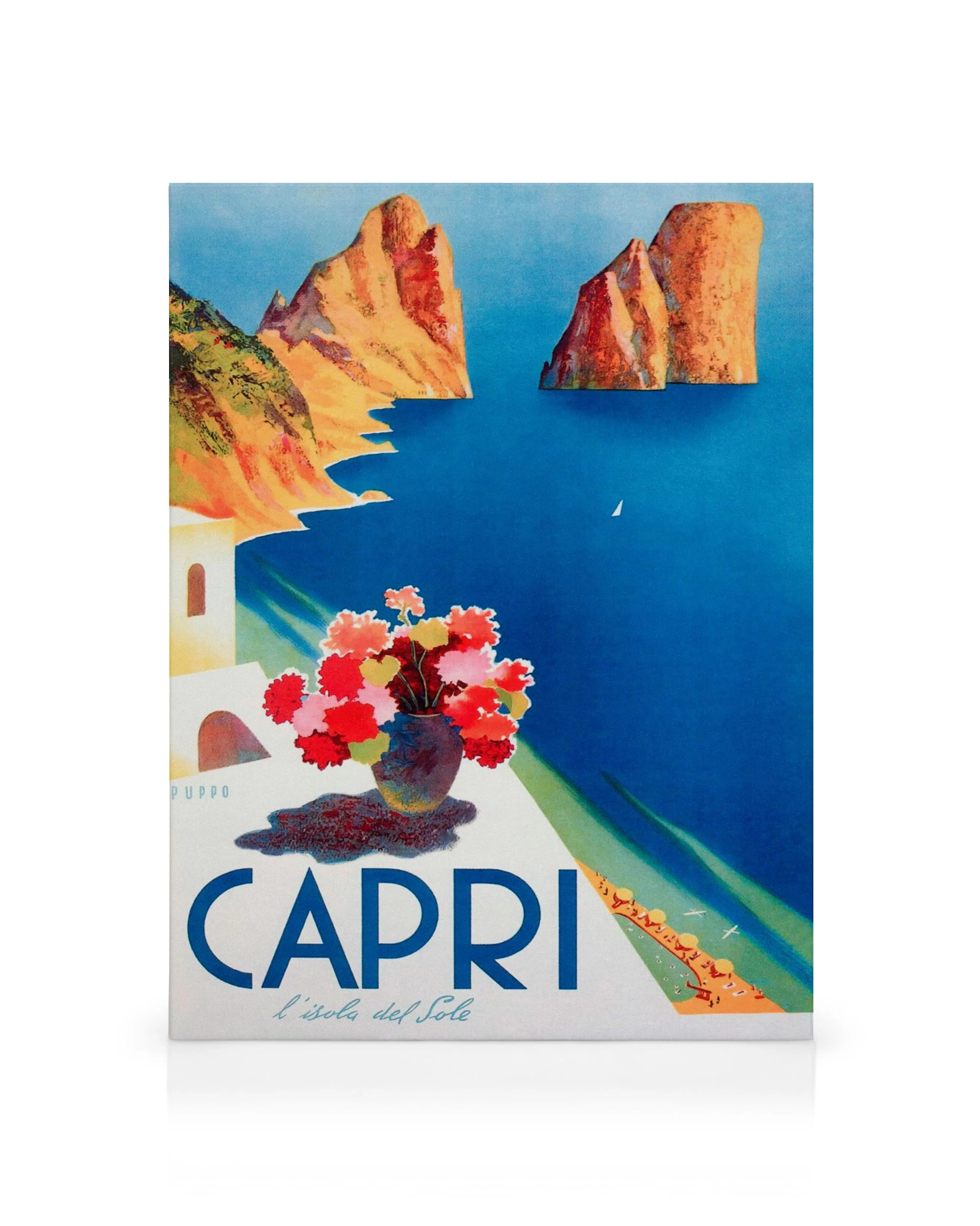Kunstdruck Capri, Italien, mit blauer See, Felsen, weissen Häusern und Blumen in leuchtenden Farben auf Leinwand