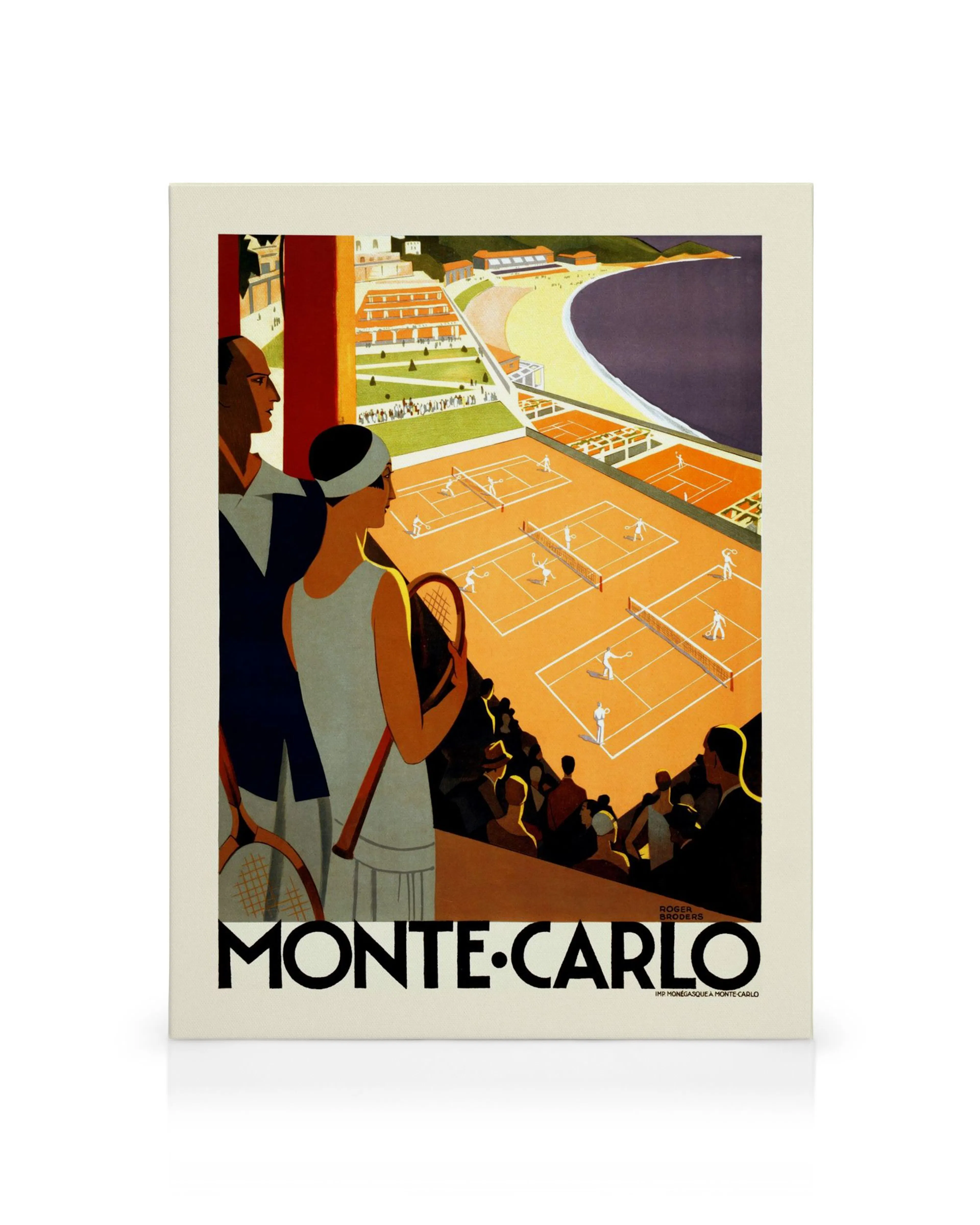 Plakát Monte Carlo s tenisovými kurty, pláží a budovami v art deco stylu.