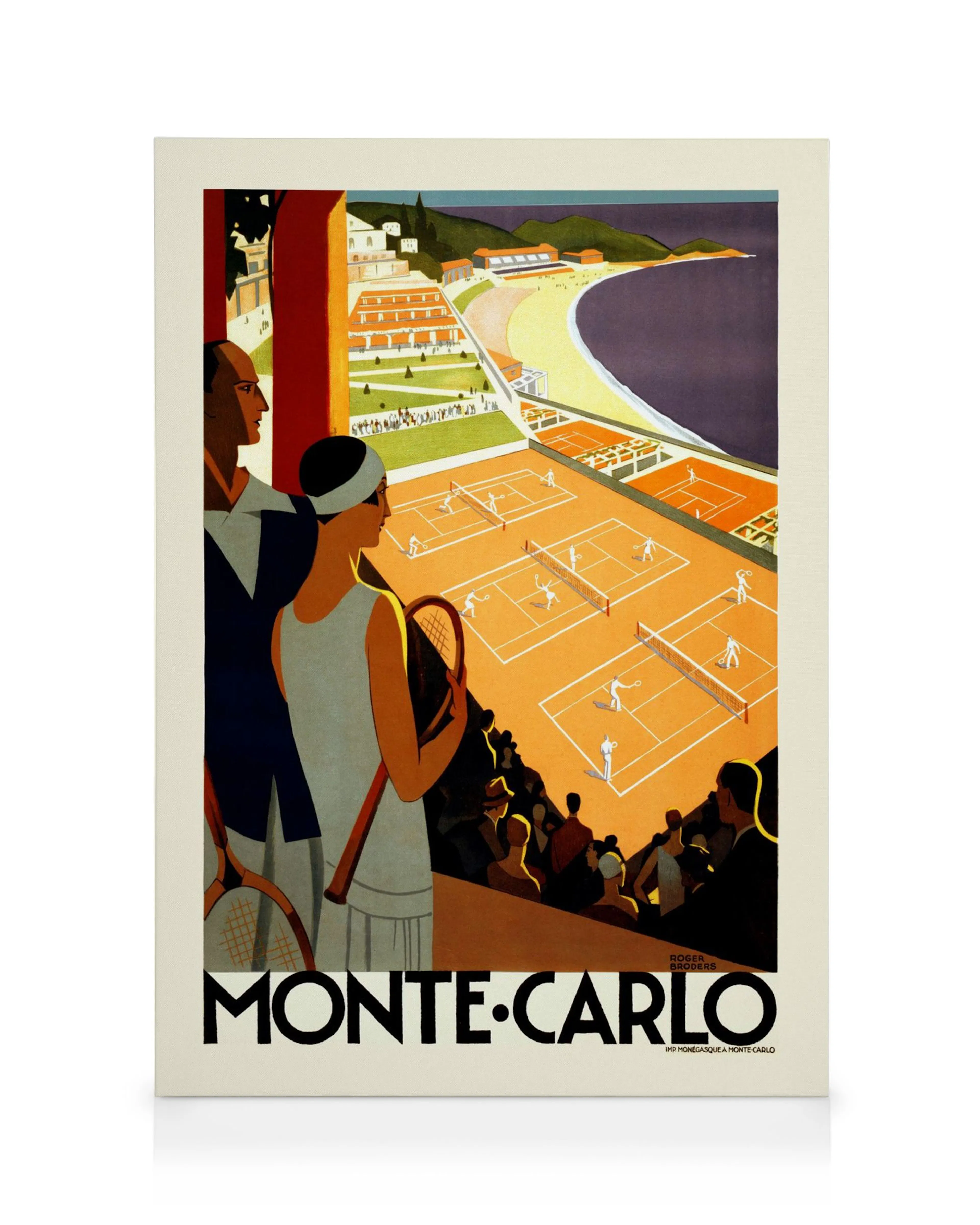 Toile Monte Carlo art déco avec homme et femme, raquettes de tennis, paysage de Monte Carlo, couleurs rouge, orange, bleu, vert