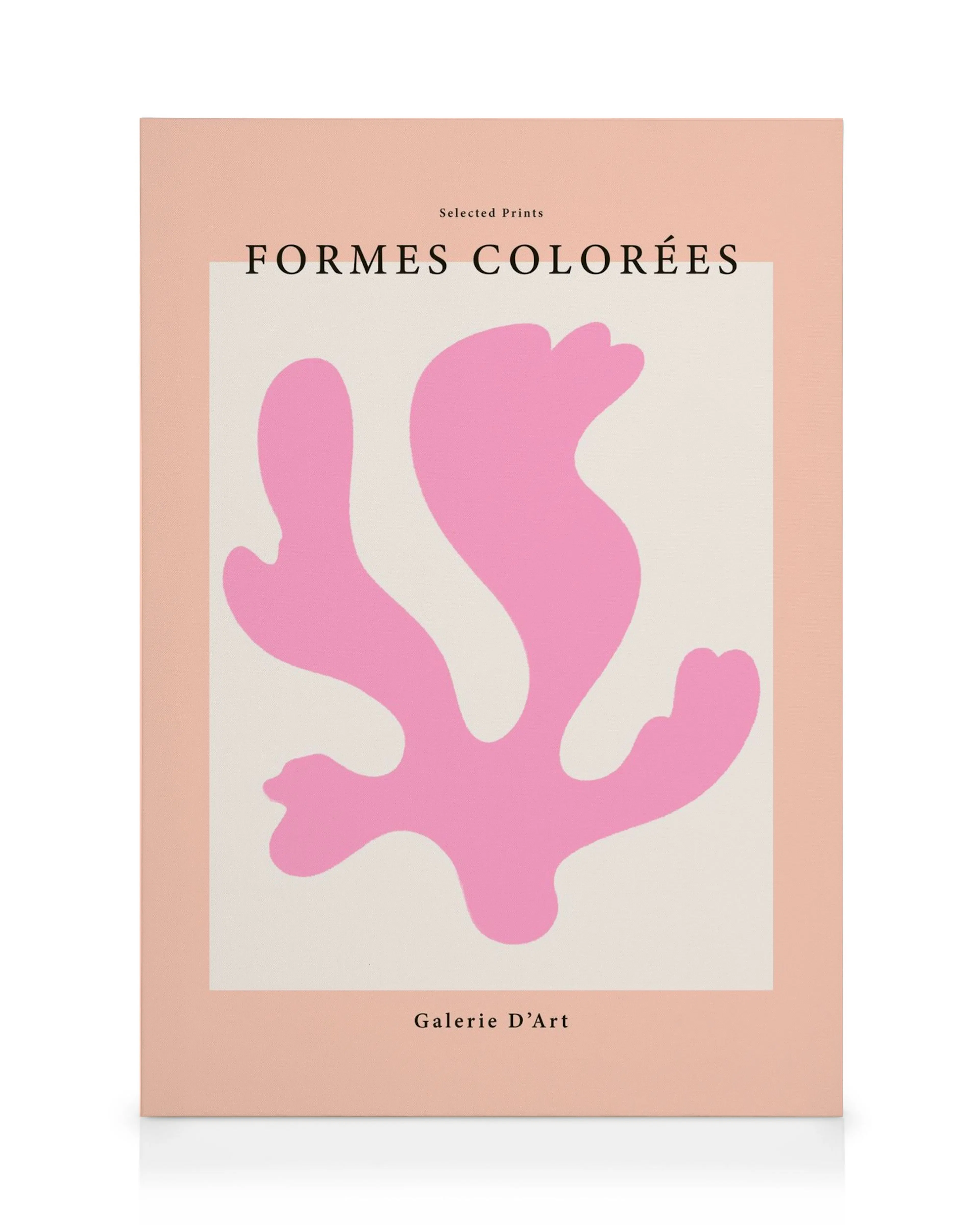Abstrakt canvastavla med en persikofärgad kant, en rosa organisk form på ljus bakgrund, och texten Formes Colorées.
