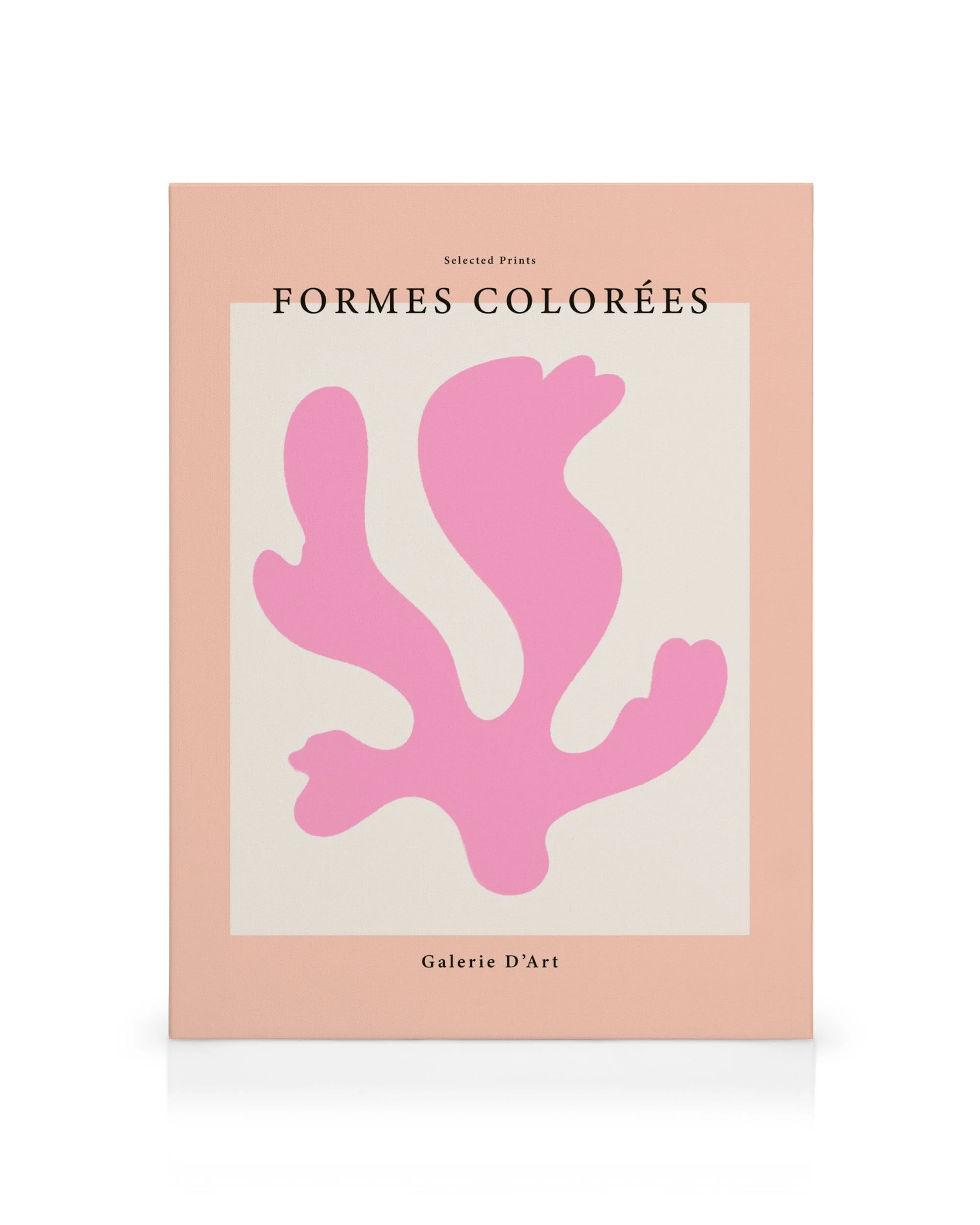 Toile abstraite avec une forme rose sur fond clair, bordure pêche, et texte Formes Colorées