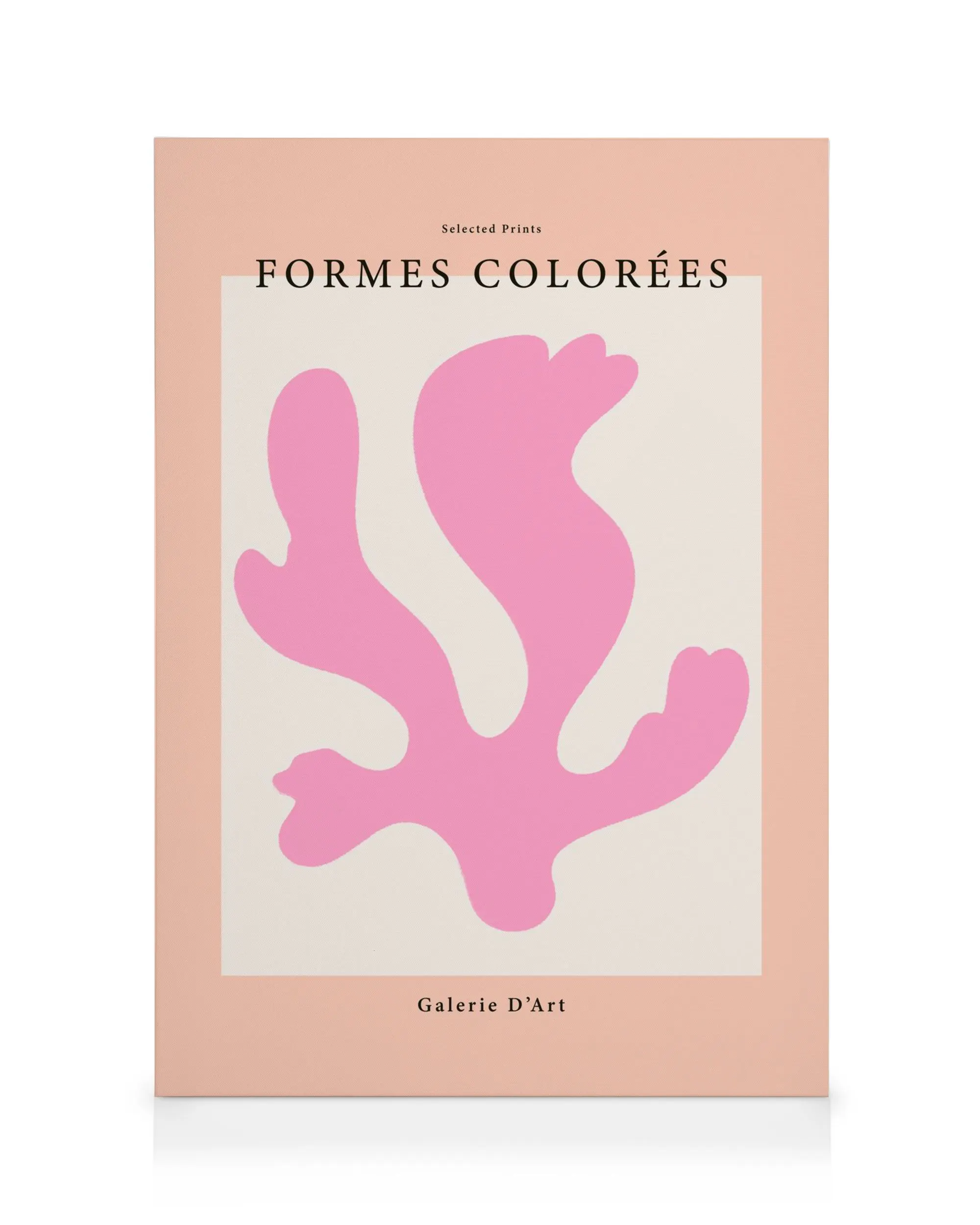 Stampa su tela astratta rosa con forme organiche, bordo color pesca e testo francese.