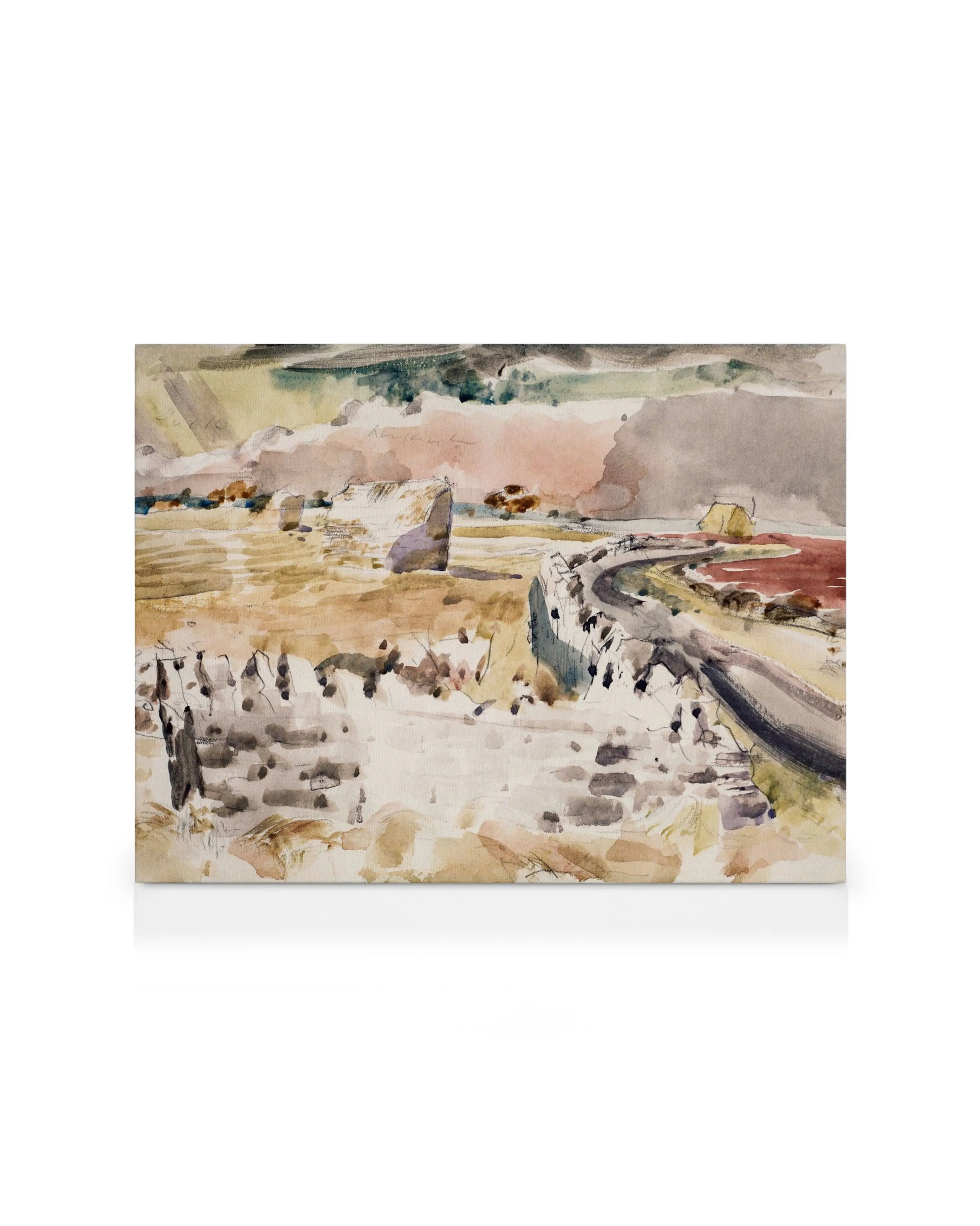 Paul Nash Oxfordshire Landscape canvas print, a watercolour of a winding road, red-roofed house, rocks, and hills.