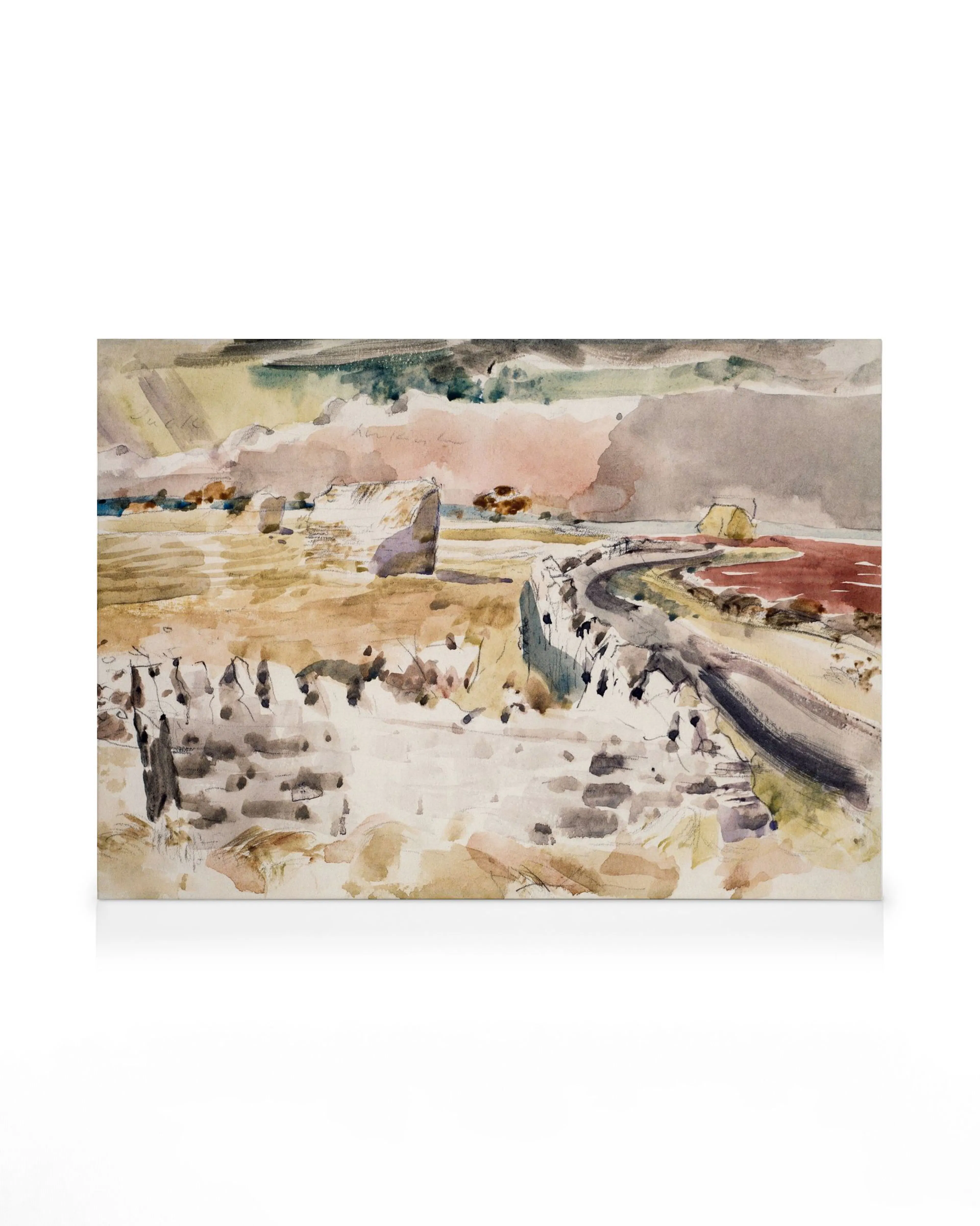 Acuarela Paul Nash de paisaje Oxfordshire, camino sinuoso, casa techo rojo, rocas, colinas y cielo pálido.