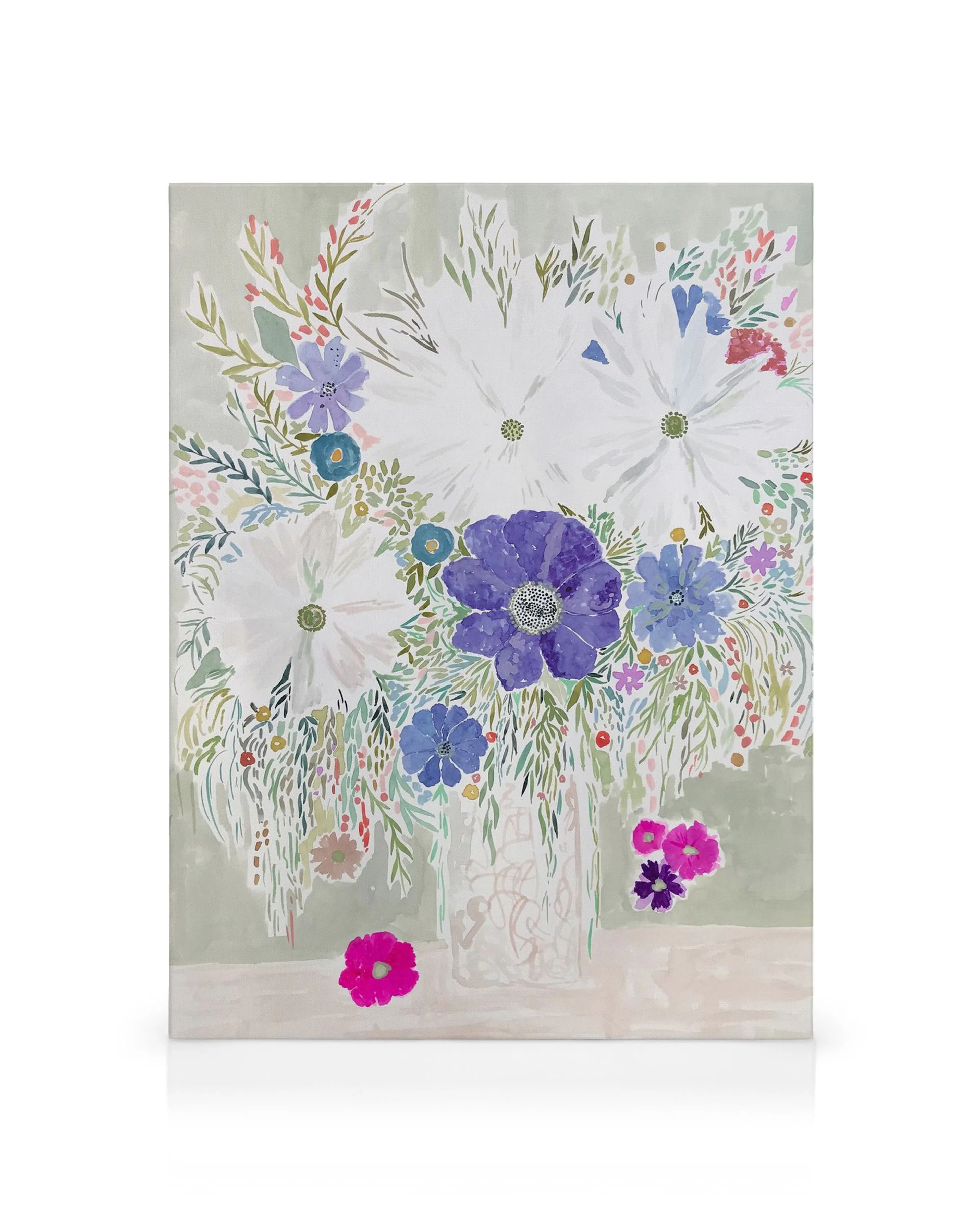 Canvas met kleurrijke bloemen: wit, paars, roze en groen. Bloemenvaas met bloeiende bloemen.