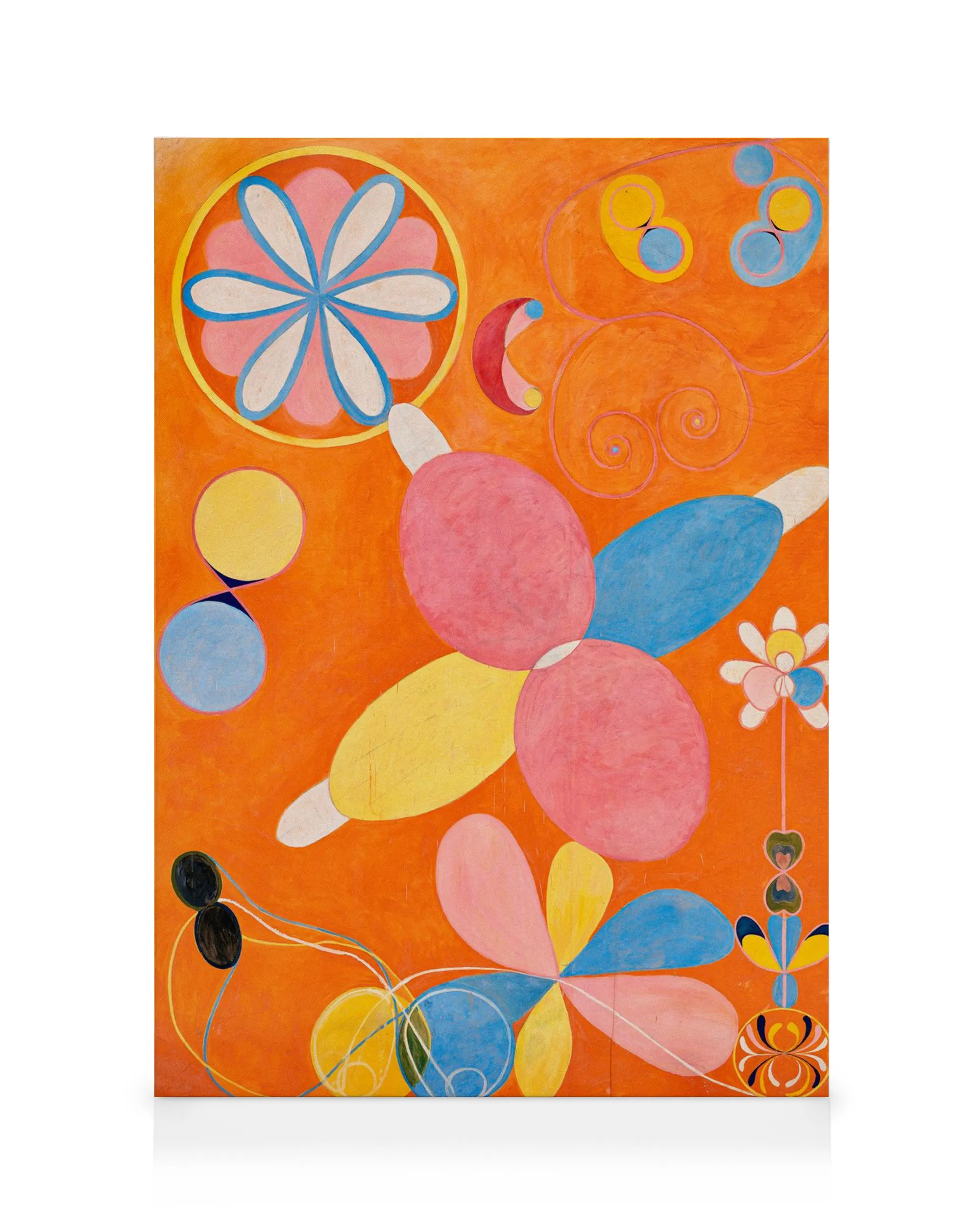 Obraz na płótnie Hilma af Klint, The Ten Largest No. 4, z dużym niebieskim kwiatem i pomarańczowo-żółtymi zawirowaniami.