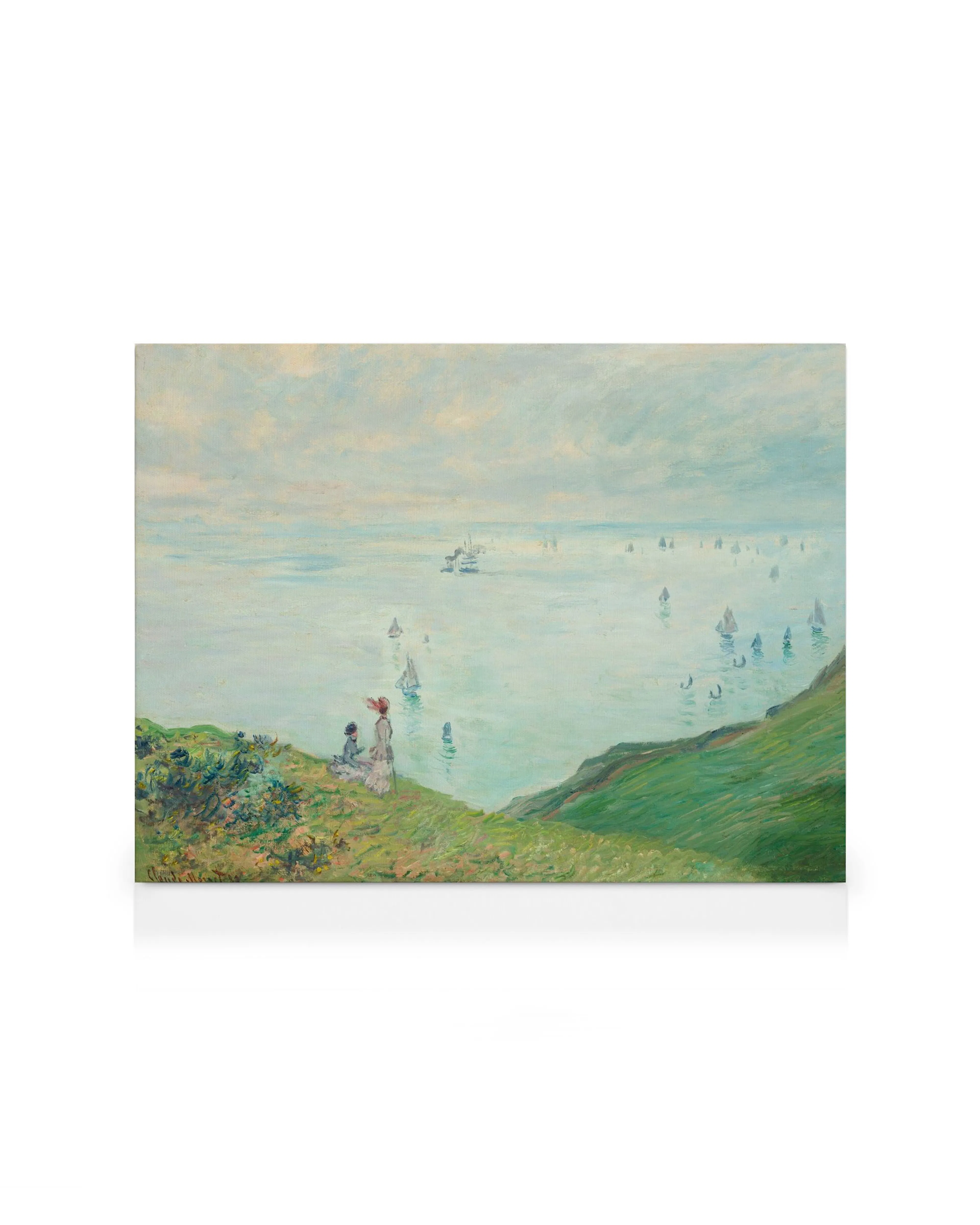 Monets Cliffs at Pourville painting, a woman and child on green cliffs overlooking a blue sea with sailboats.