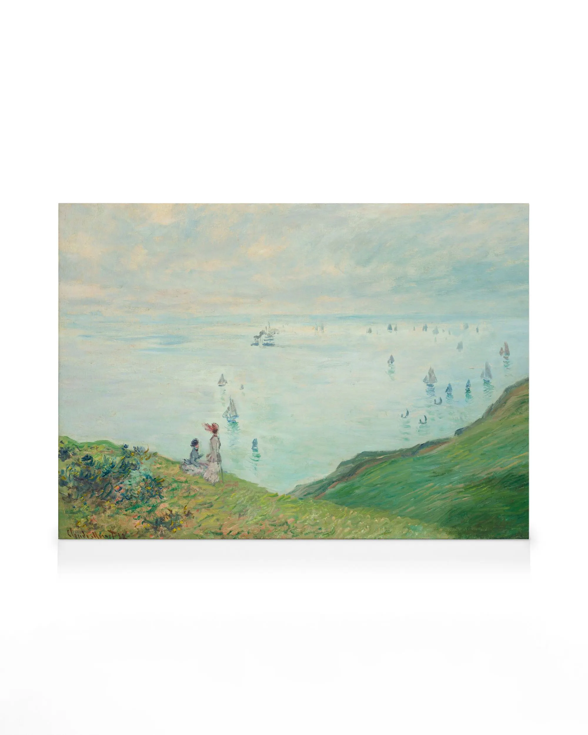 Monetn maalaus Cliffs at Pourville, jossa nainen ja lapsi katsovat merta kalliolta, purjeveneitä horisontissa. Impressionistinen