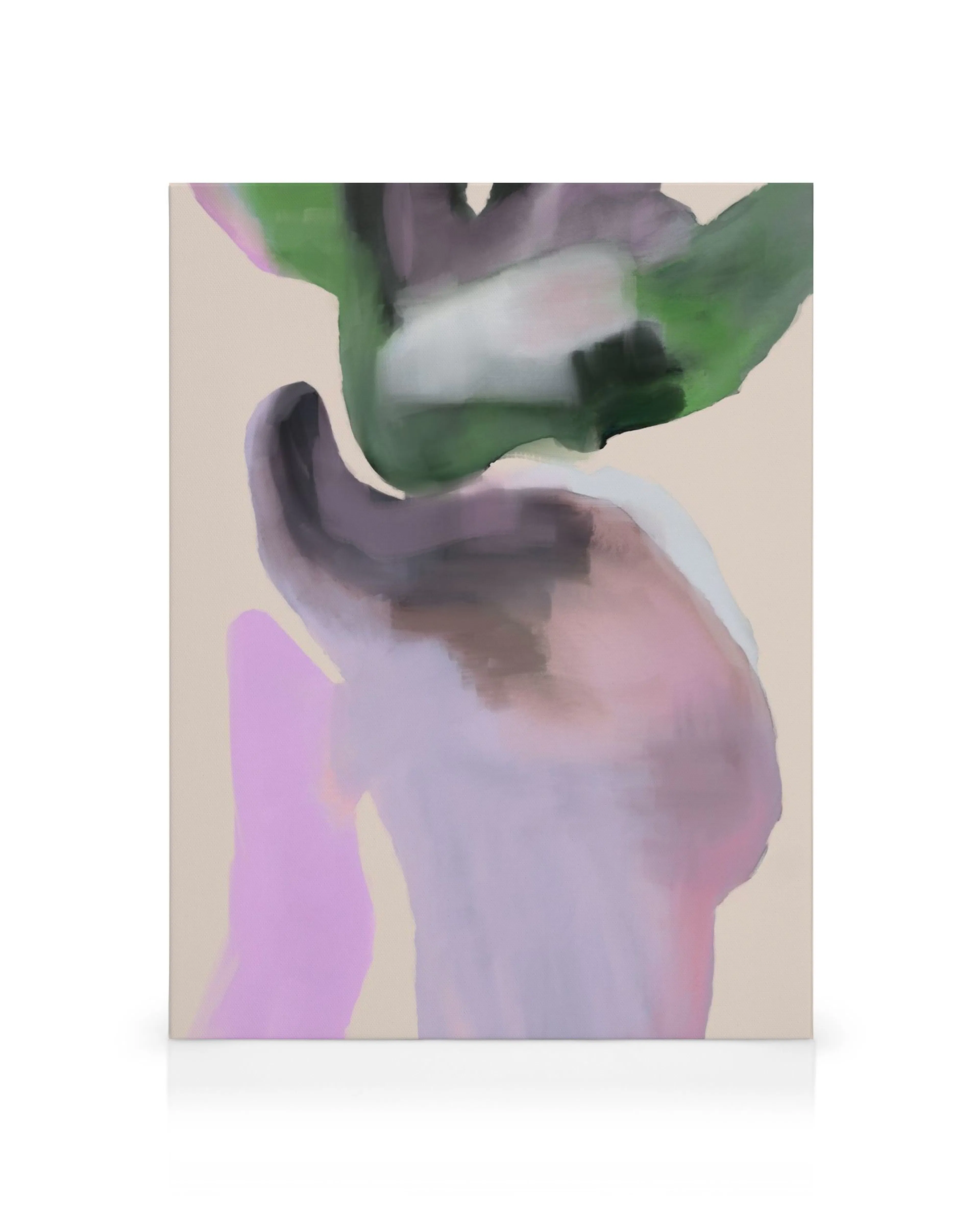 Le Jardin No12 canvas print features abstract organic shapes in green, purple, and pink on a cream background.