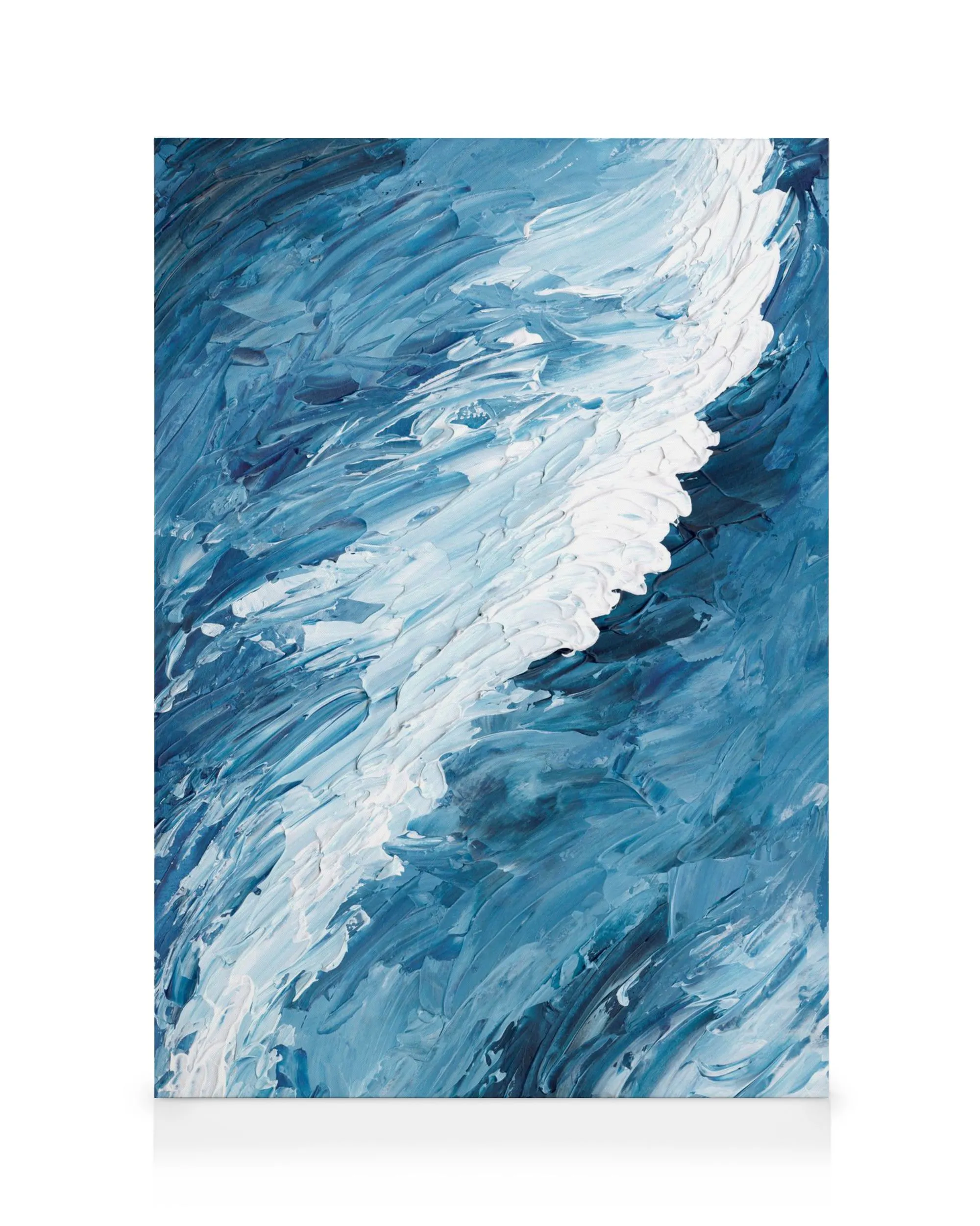 Textured ocean wave canvas in shades of blue and white, depicting a cresting wave with thick, visible brushstrokes.