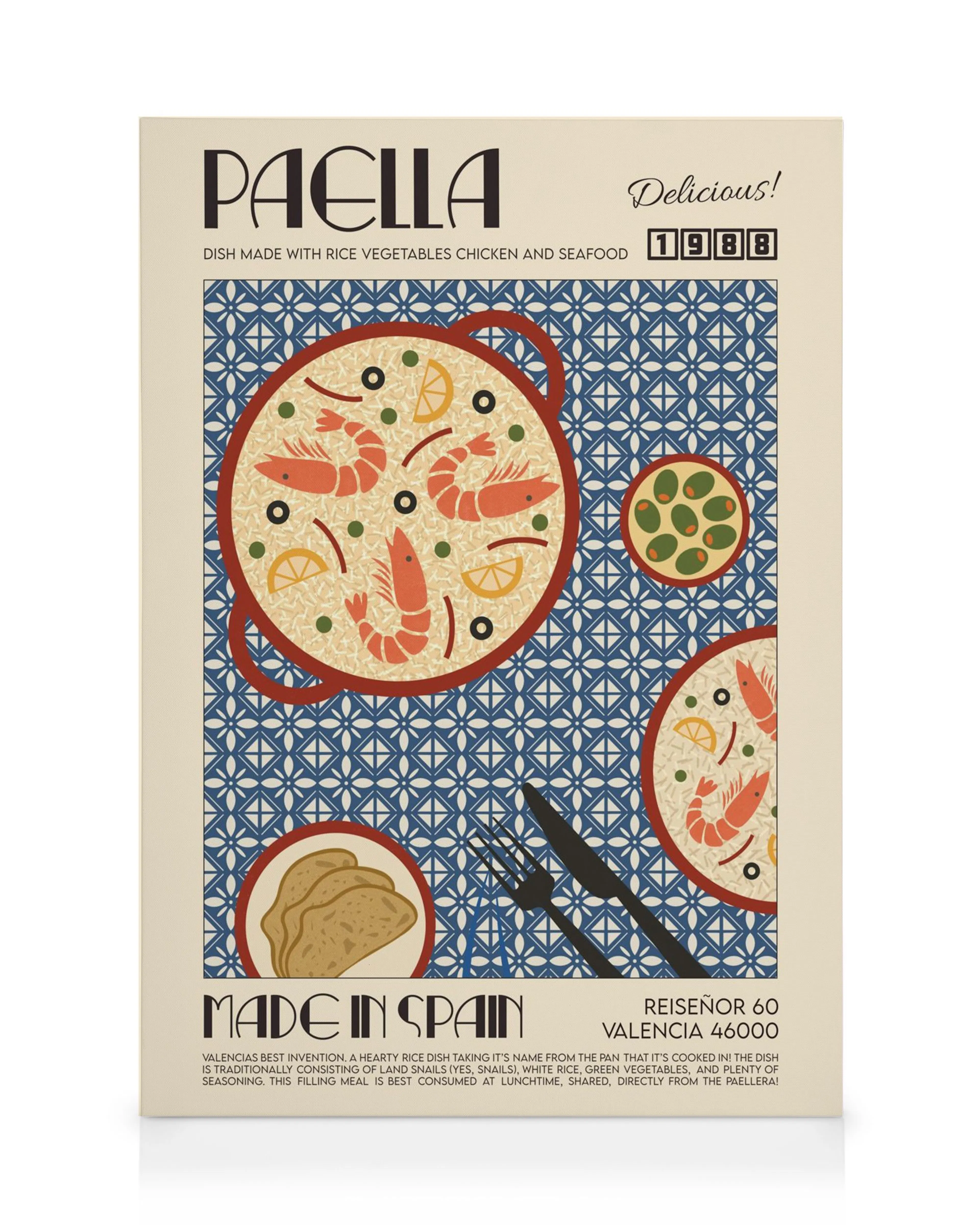 Ein Leinwandbild im Vintage-Stil mit Paella, Oliven und Brot auf einem Paella-Musterhintergrund.