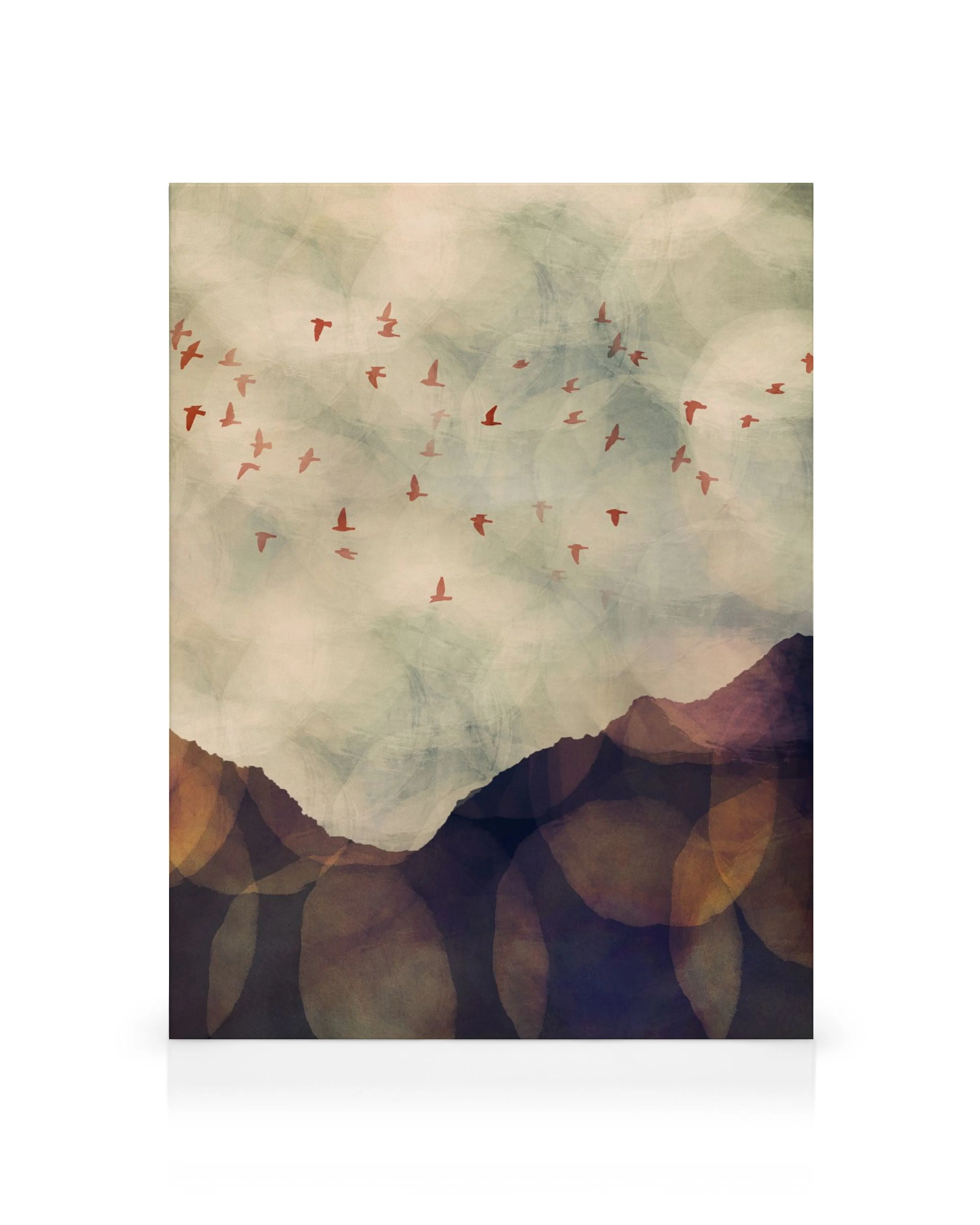 Dusk Canvas print, abstract art with brown mountains and red birds flying against a pale, textured sky.