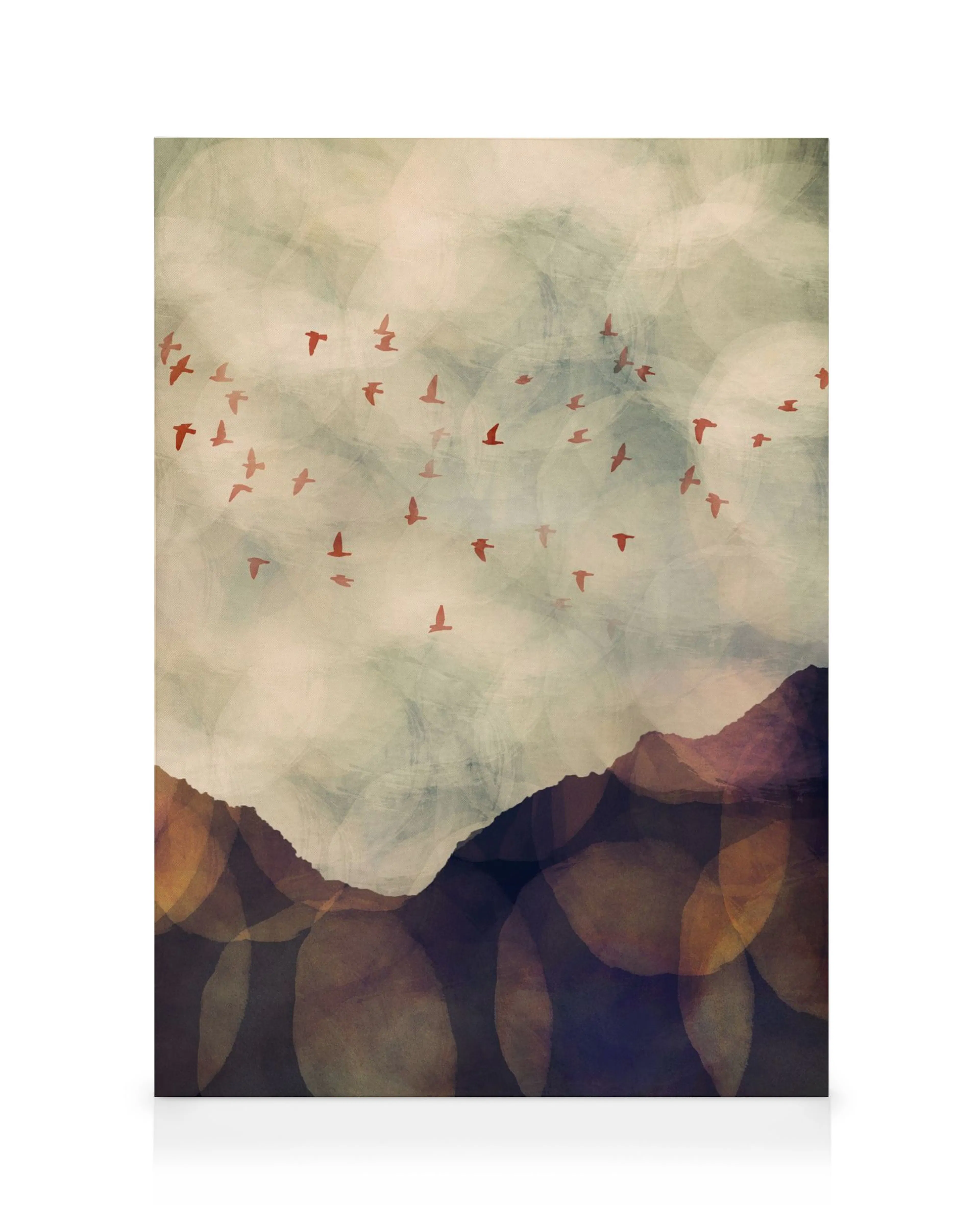 Dusk Canvas print, abstract art with brown mountains and red birds flying against a pale, textured sky.