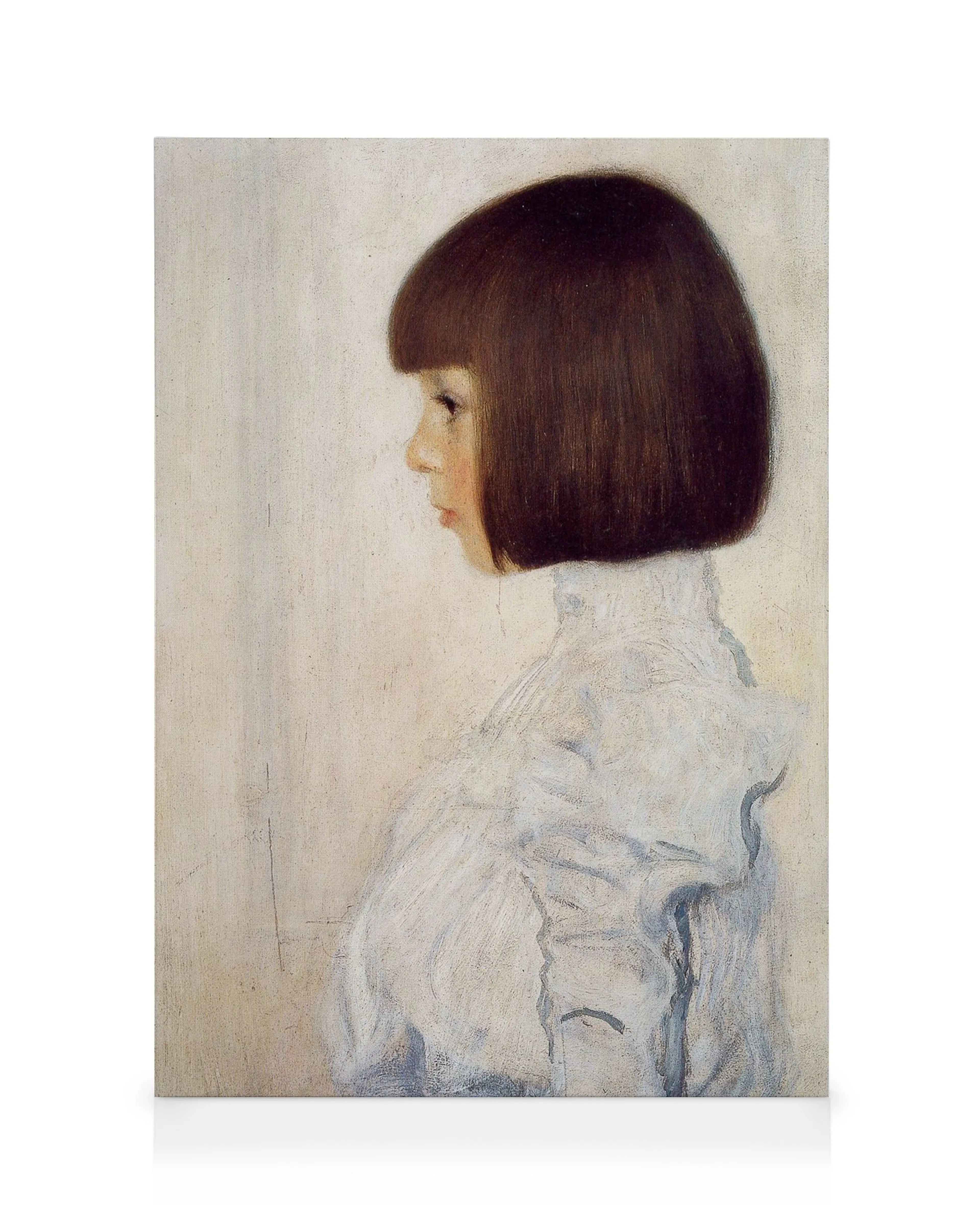 Gustav Klimts portrait of Helene Klimt, a woman with a brown bob and white ruffled shirt, side profile painting.