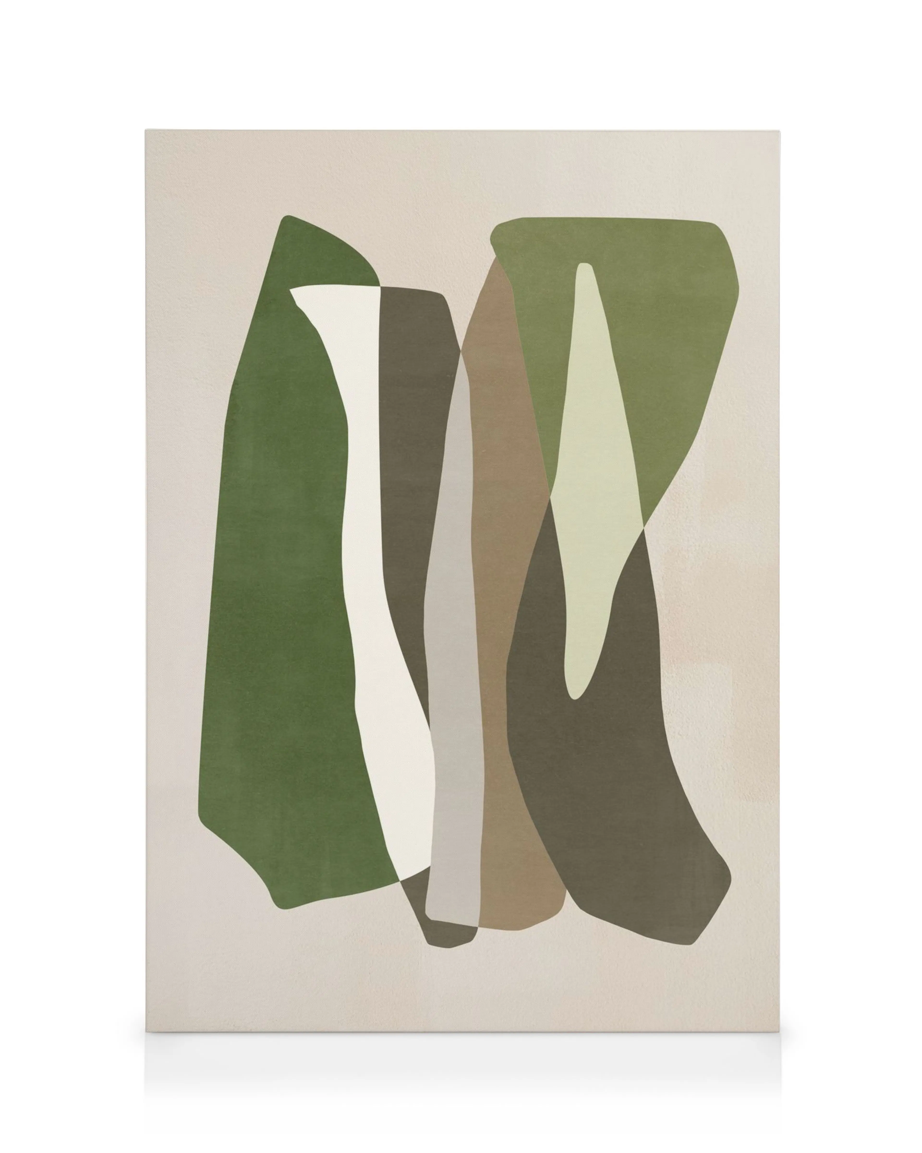 Abstract canvas print with overlapping green, white, and brown organic shapes on a beige background, creating a distinctive patt
