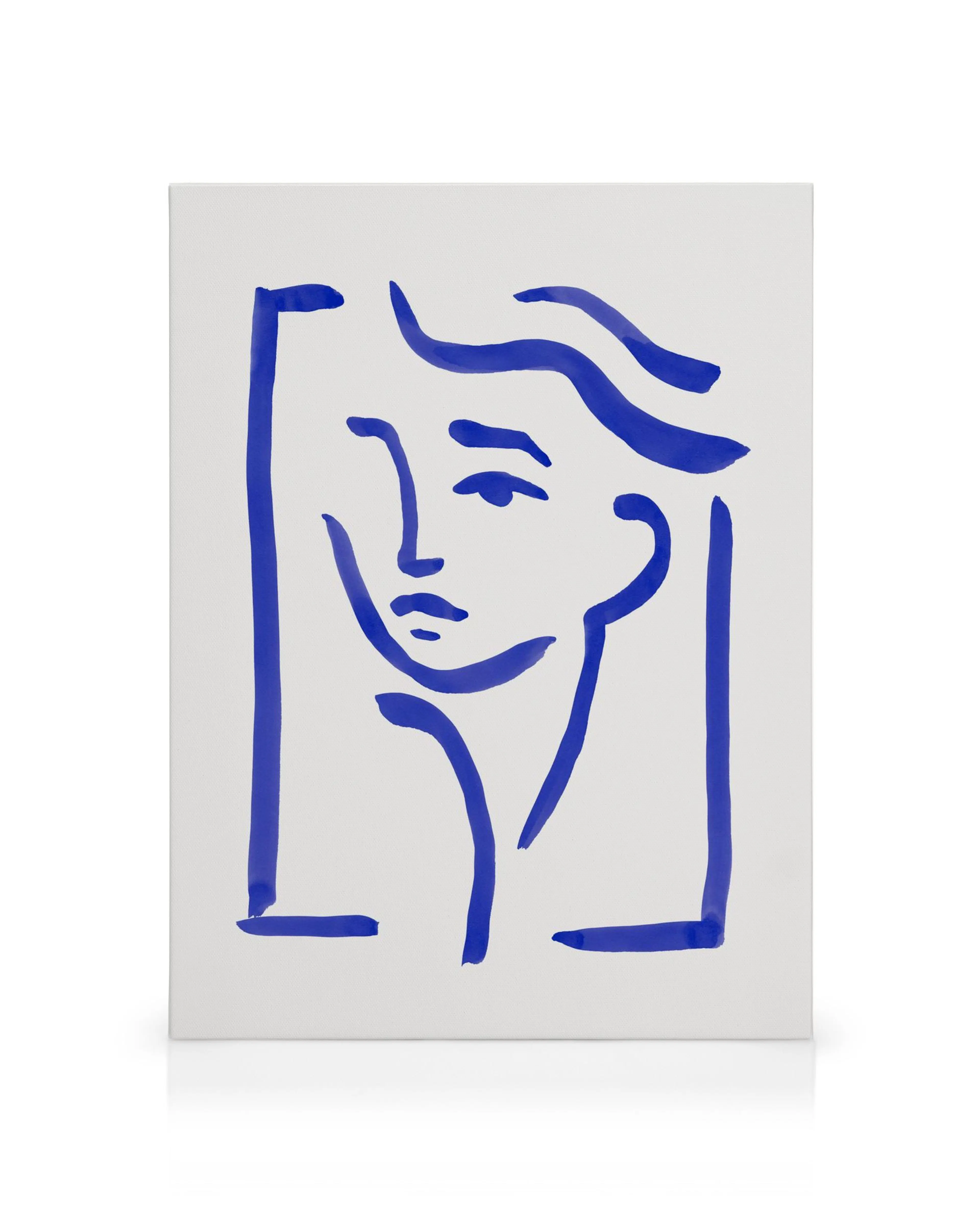 Abstract face canvas print with thick blue lines on a white background, minimal illustration displaying eyes, nose, mouth, hair.
