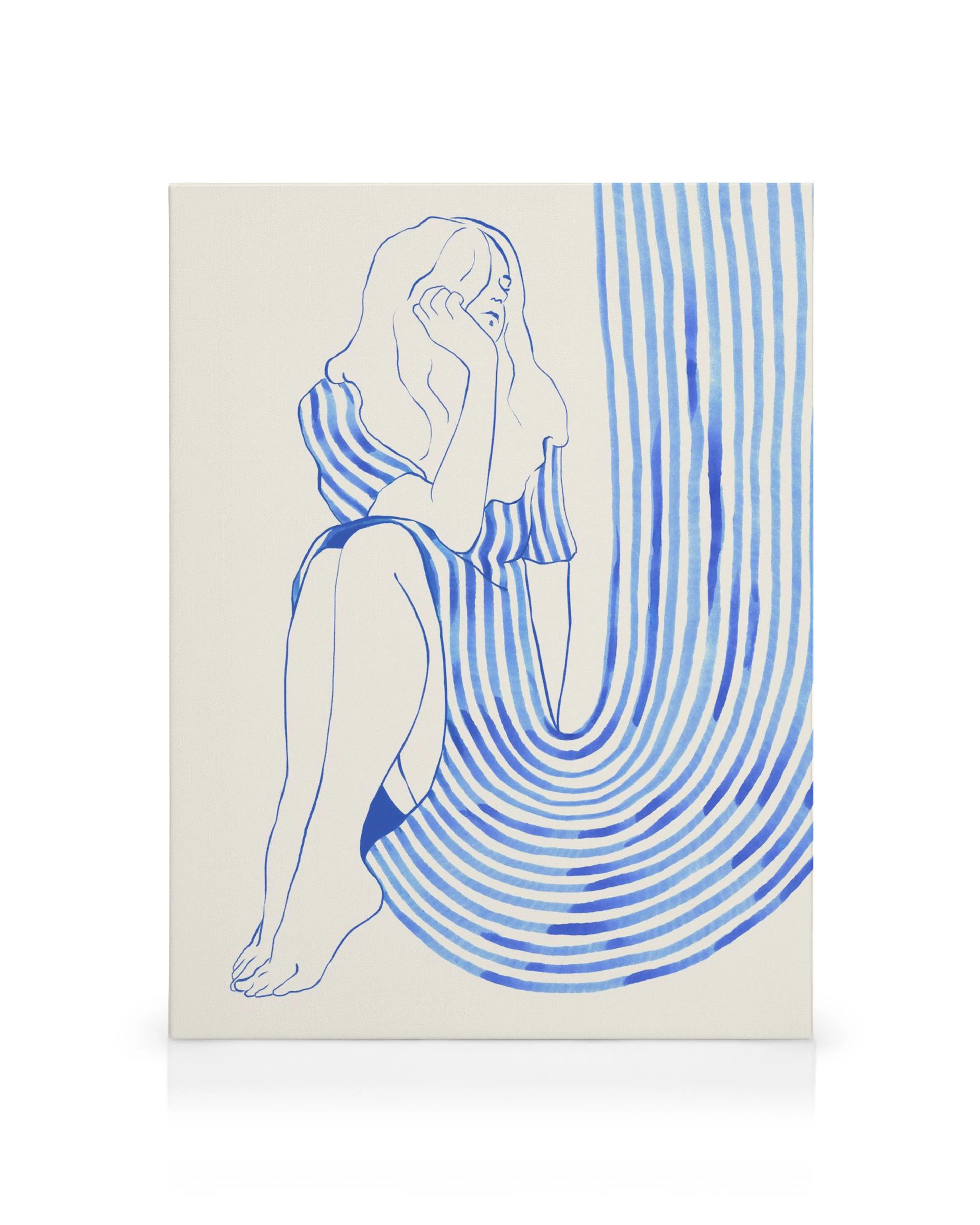 Καμβάς The Blue Dress, αφηρημένη γυναικεία φιγούρα με μπλε ριγέ φόρεμα, λευκό φόντο