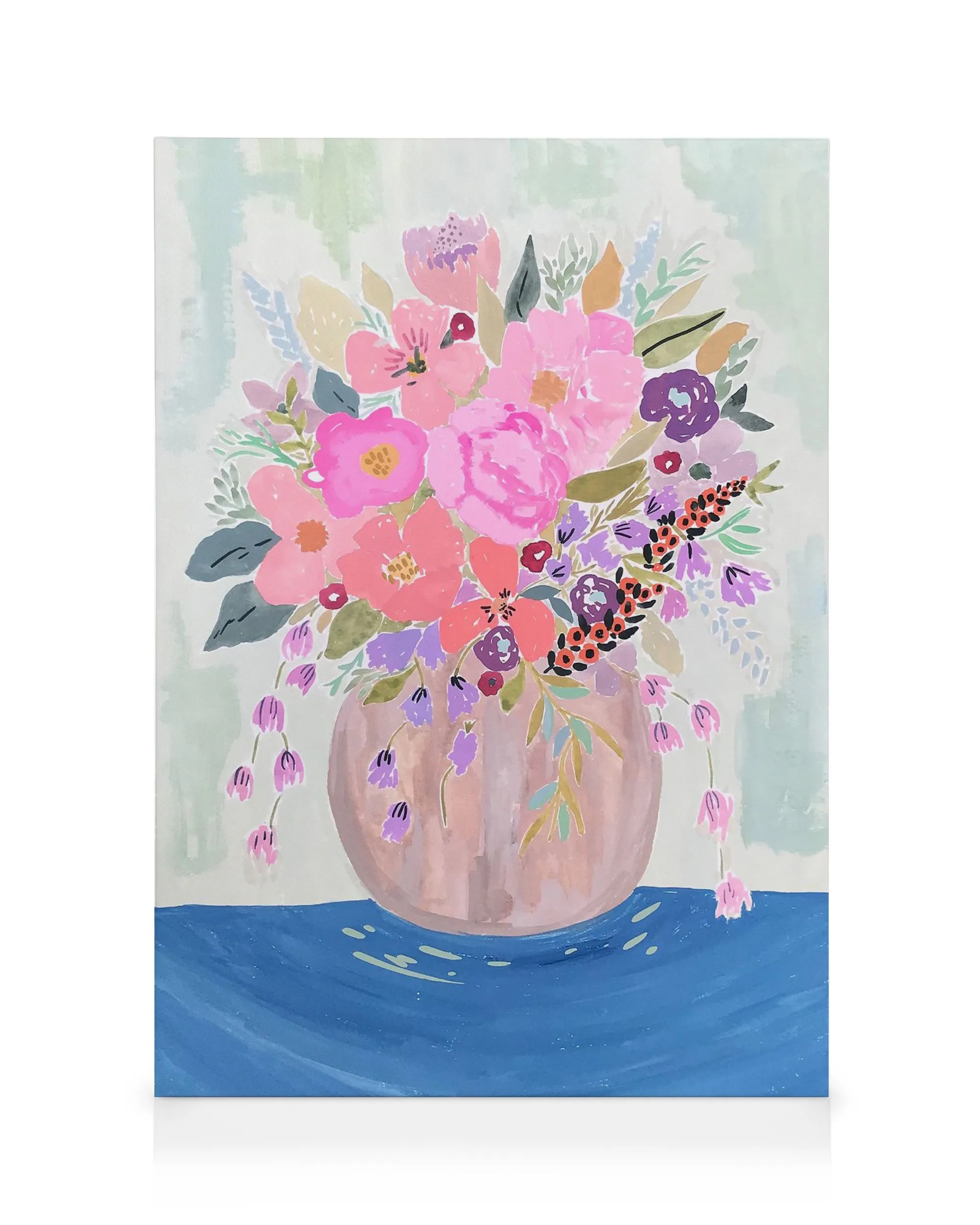 Aquarellbild mit Blumenstrauß in Rosa, Lila und Orange in einer Vase auf blauem Tisch, floraler Kunstdruck