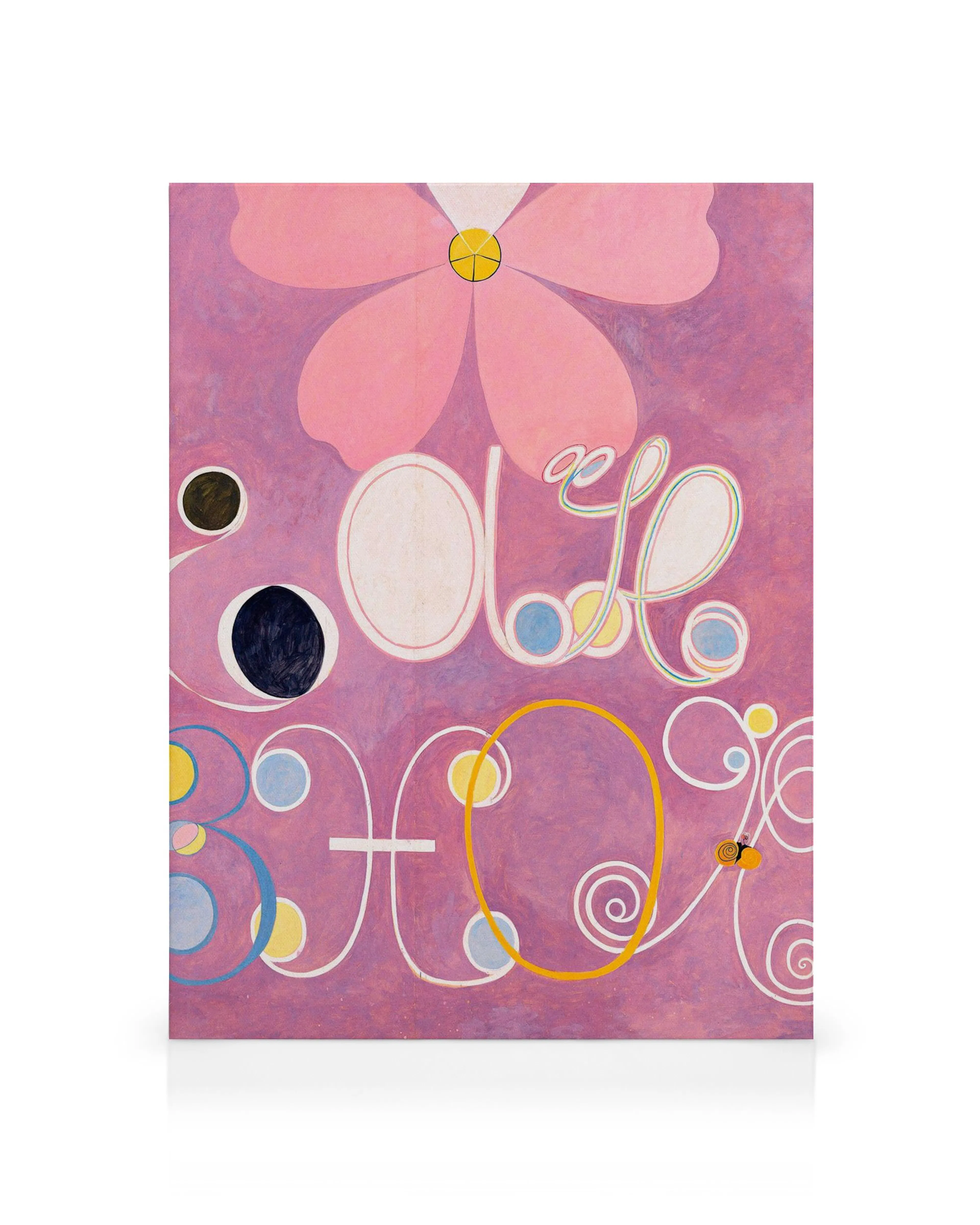 Canvas print with pastel pink, purple, dark blue spirals, and a pink flower on a reddish-purple background.