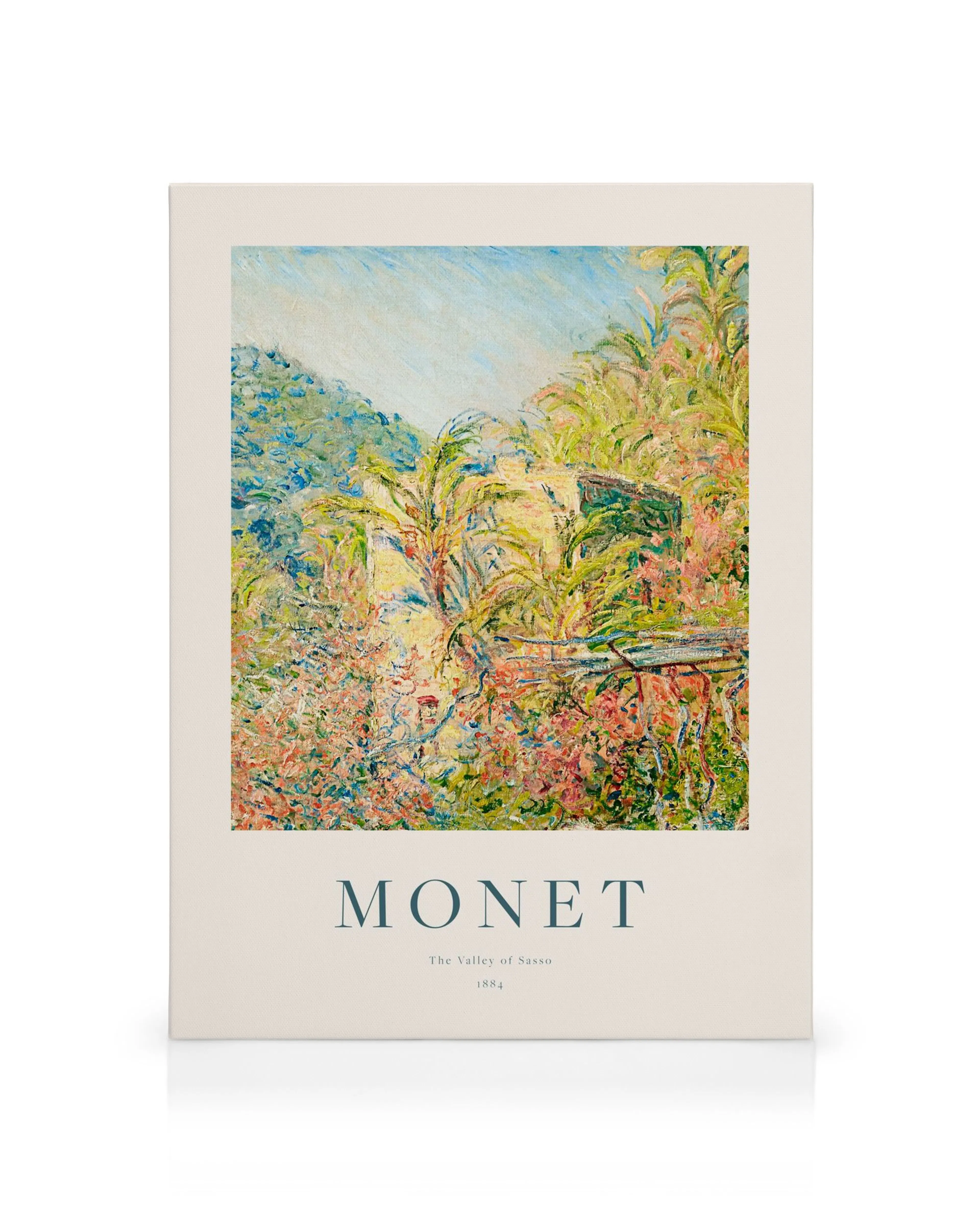 Πίνακας Monet Valley of Sasso σε καμβά, τοπίο με πράσινη βλάστηση και ροζ λουλούδια.