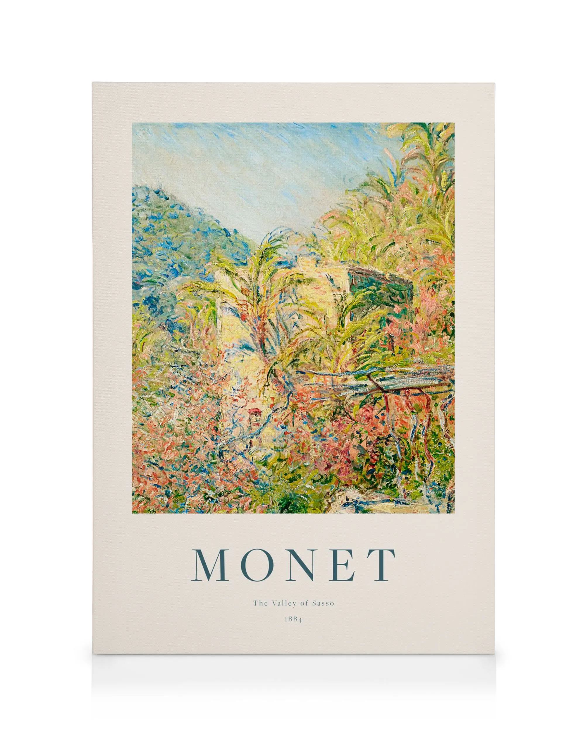 Monet lerretsbilde av Sasso-dalen, frodig landskap med åser, trær og blomster i blå, grønne, hvite, rosa farger.
