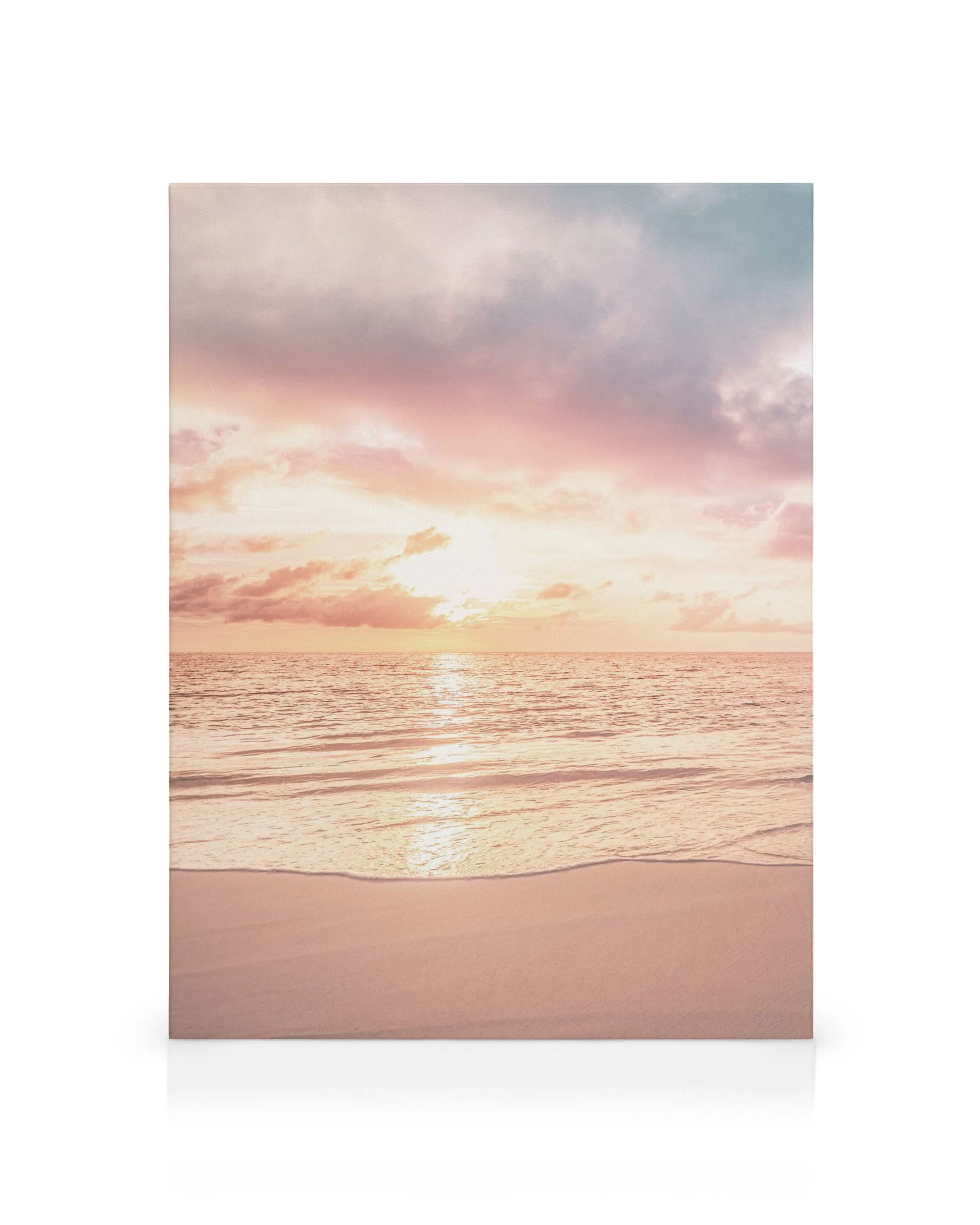 Pastel beach sunset canvas print with pink, orange, blue sky, and soft sand waves.