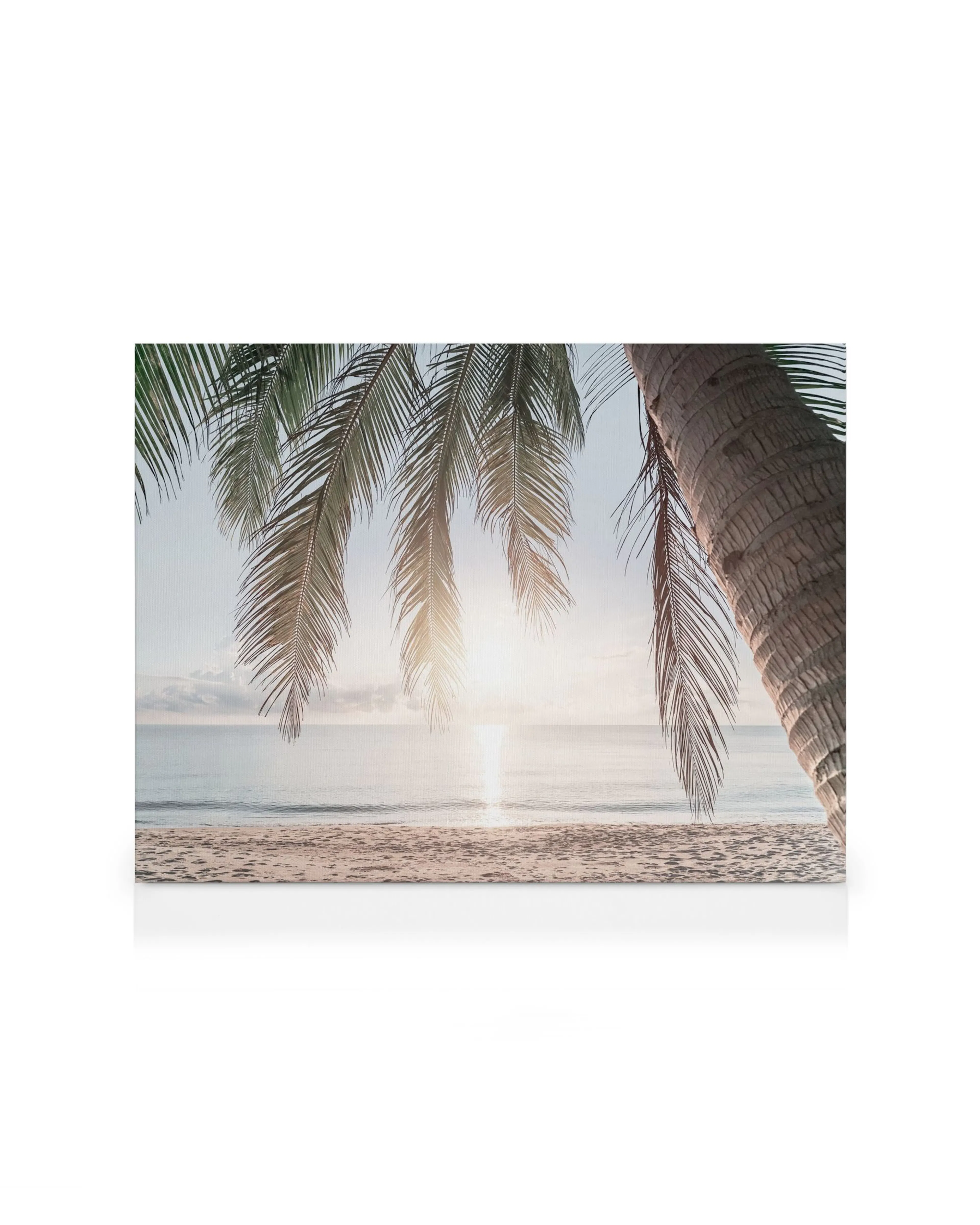 Leinwandbild: Tropischer Strand bei Sonnenuntergang mit Palmenblättern im Vordergrund und Spiegelung im Wasser, Urlaub.