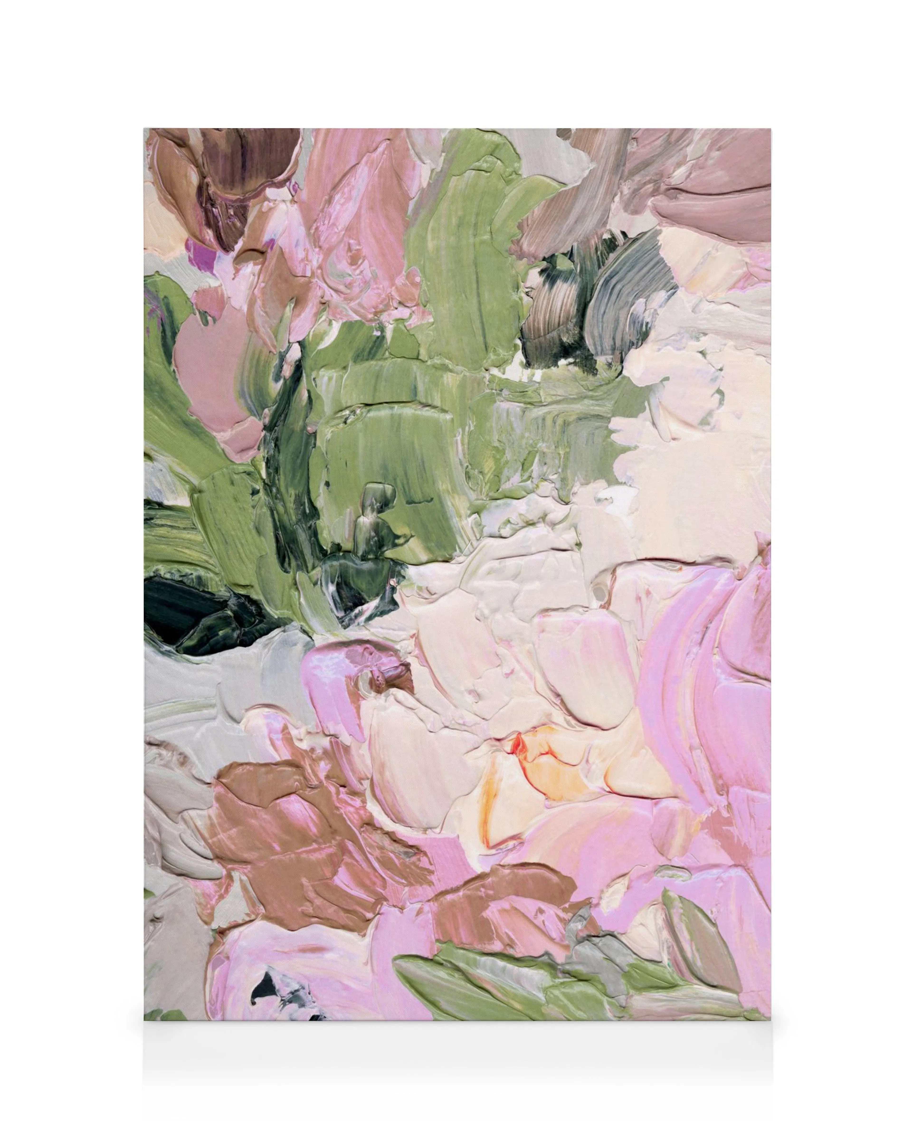 Toile abstraite avec coups de pinceau texturés roses, verts et blancs, évoquant des fleurs, pour décoration murale.