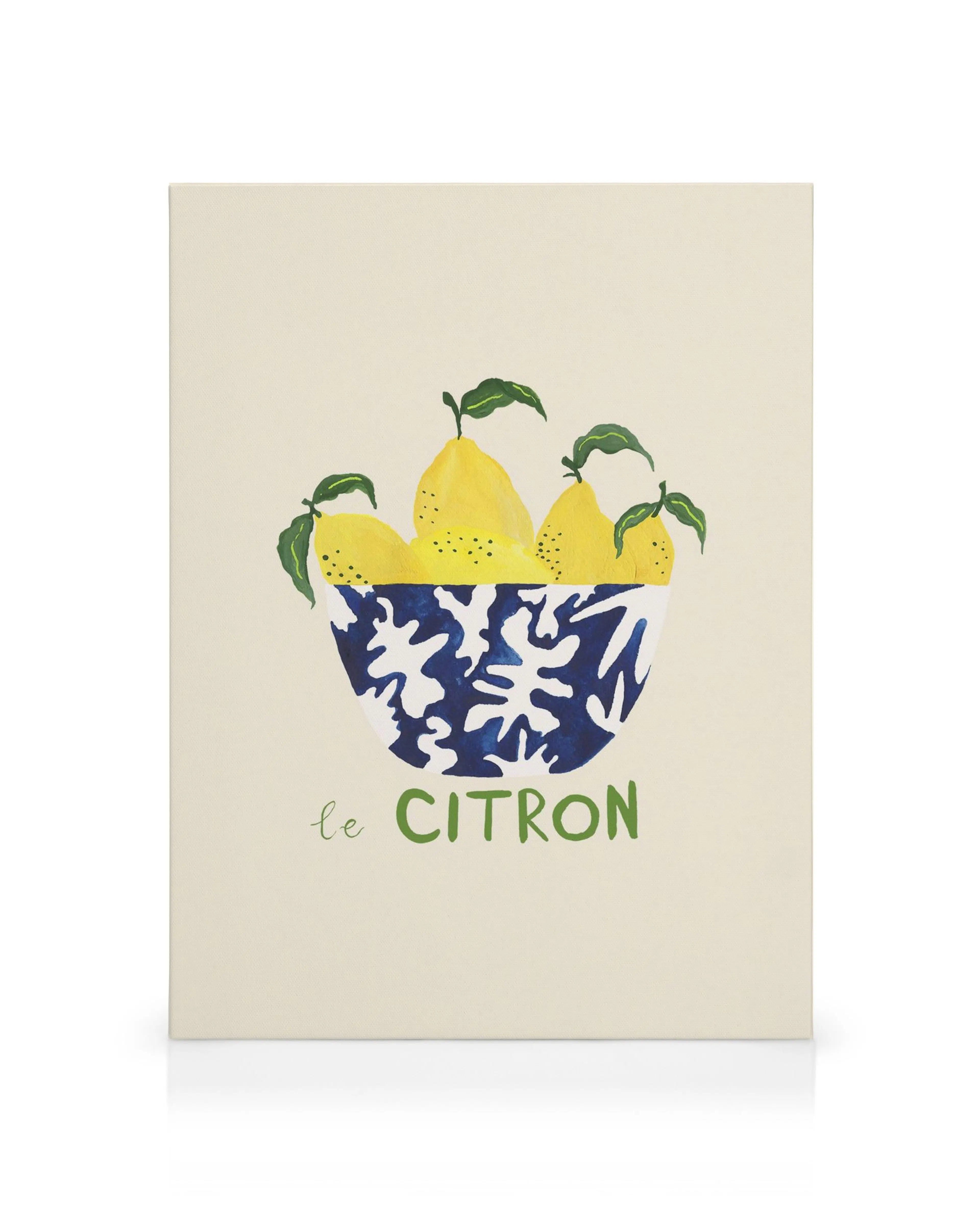 Le Citron Leinwandbild: gelbe Zitronen in einer blauen Schale mit weißem Muster, darunter grüner Text le CITRON auf beigem Hinte