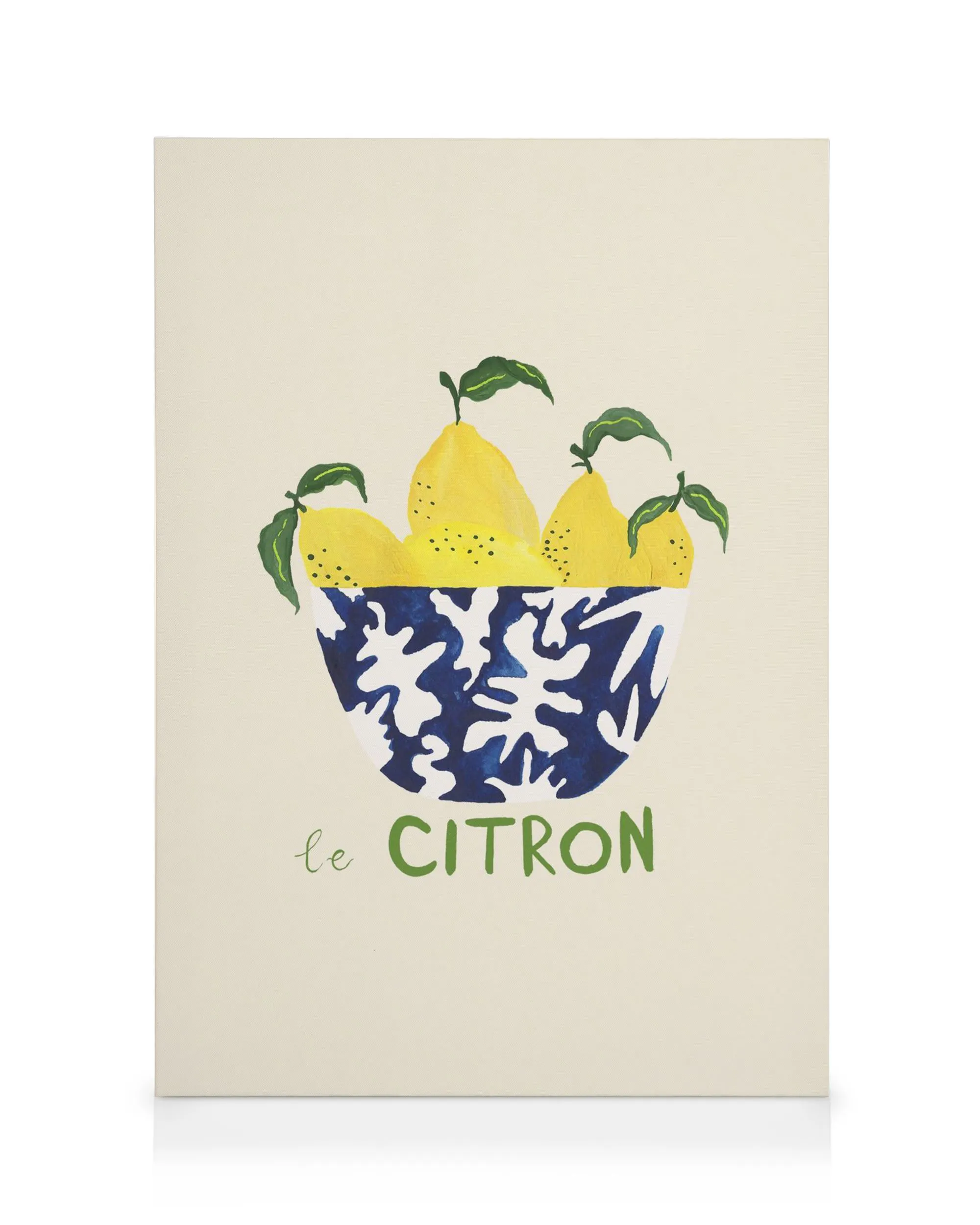 Tela Le Citron com limões frescos em tigela azul e branca sobre fundo bege, texto verde Le Citron.