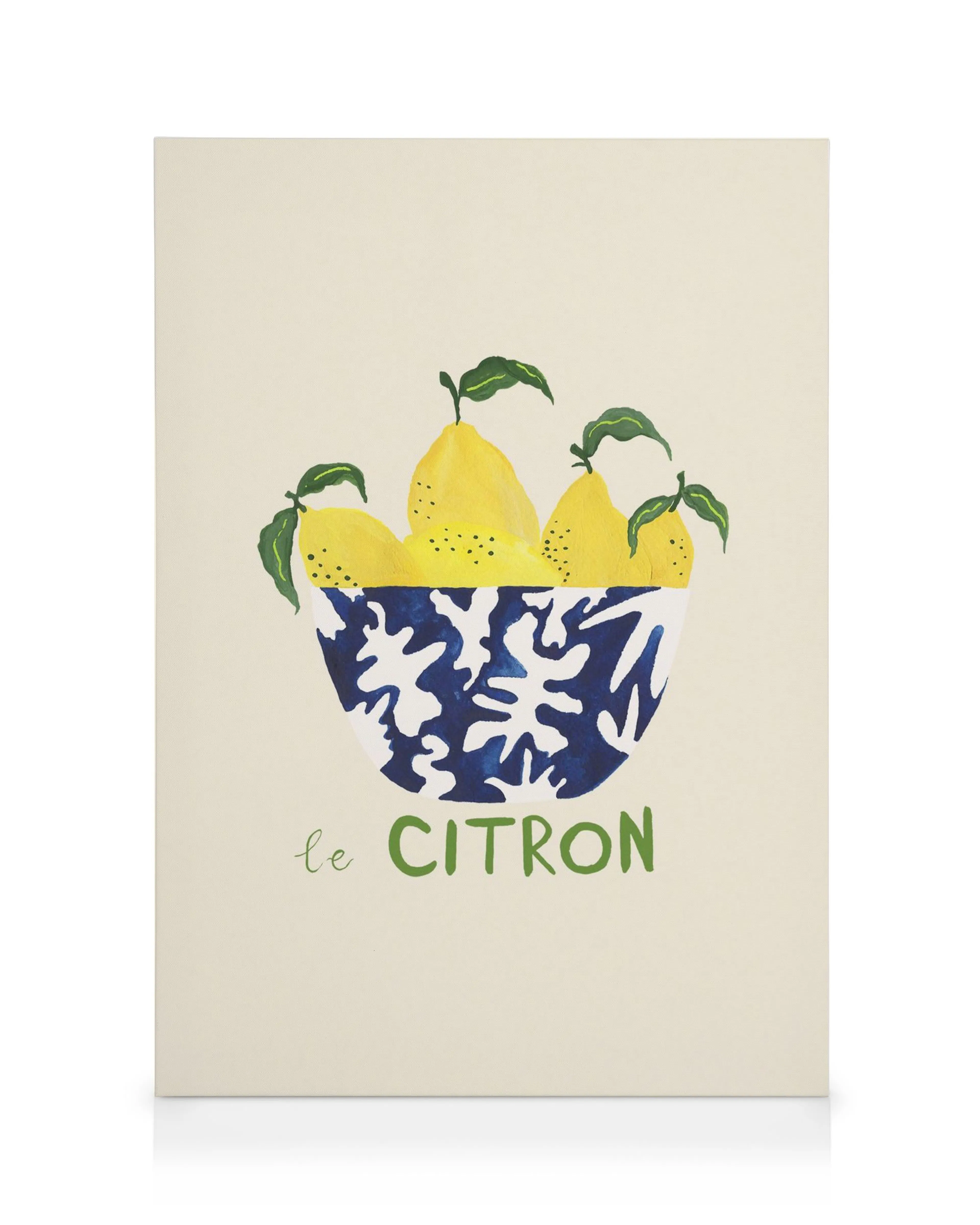 Tela Le Citron com limões frescos em tigela azul e branca sobre fundo bege, texto verde Le Citron.