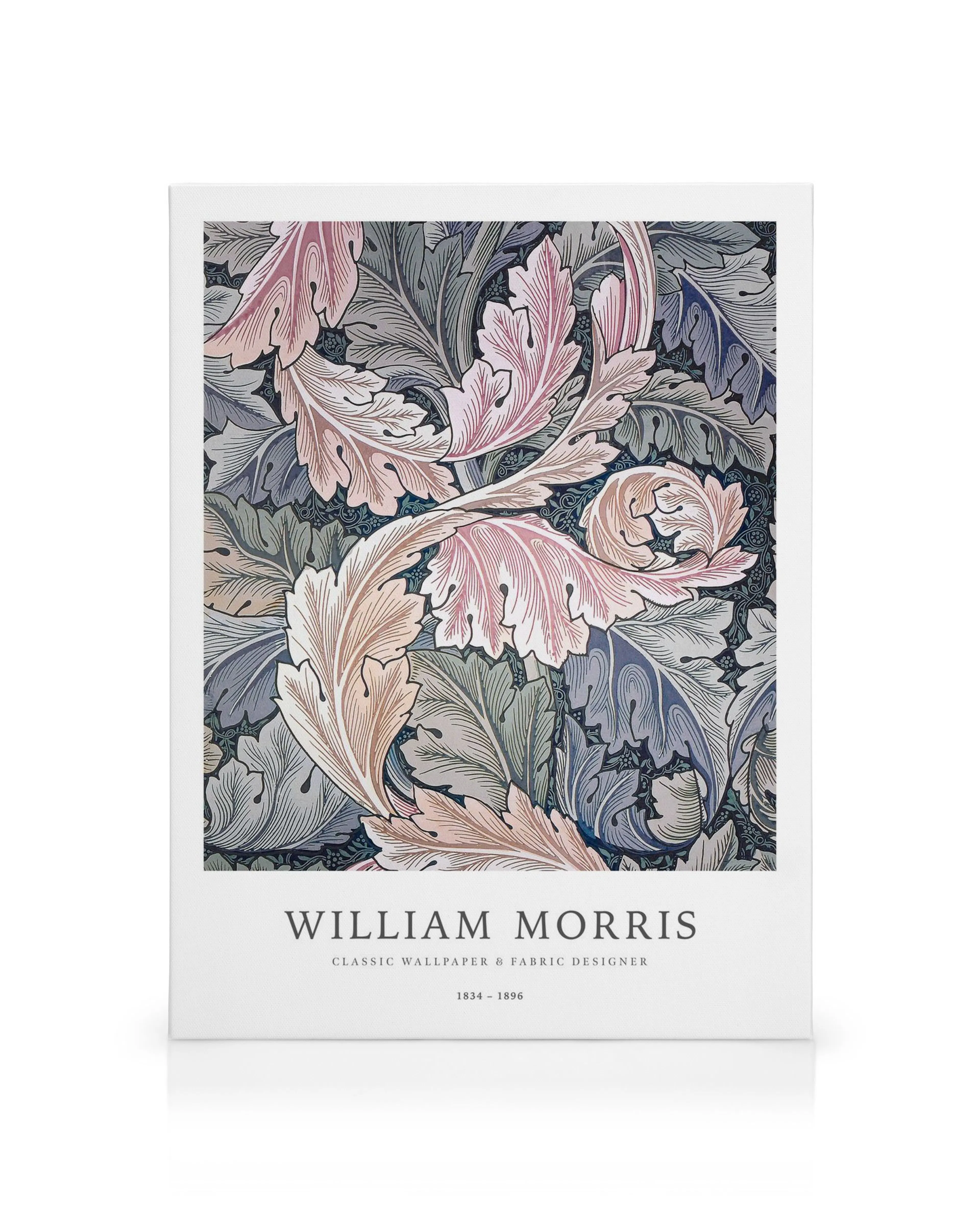 Καμβάς William Morris με ροζ, πράσινα και μπλε βοτανικά μοτίβα φύλλων σε σκούρο φόντο.