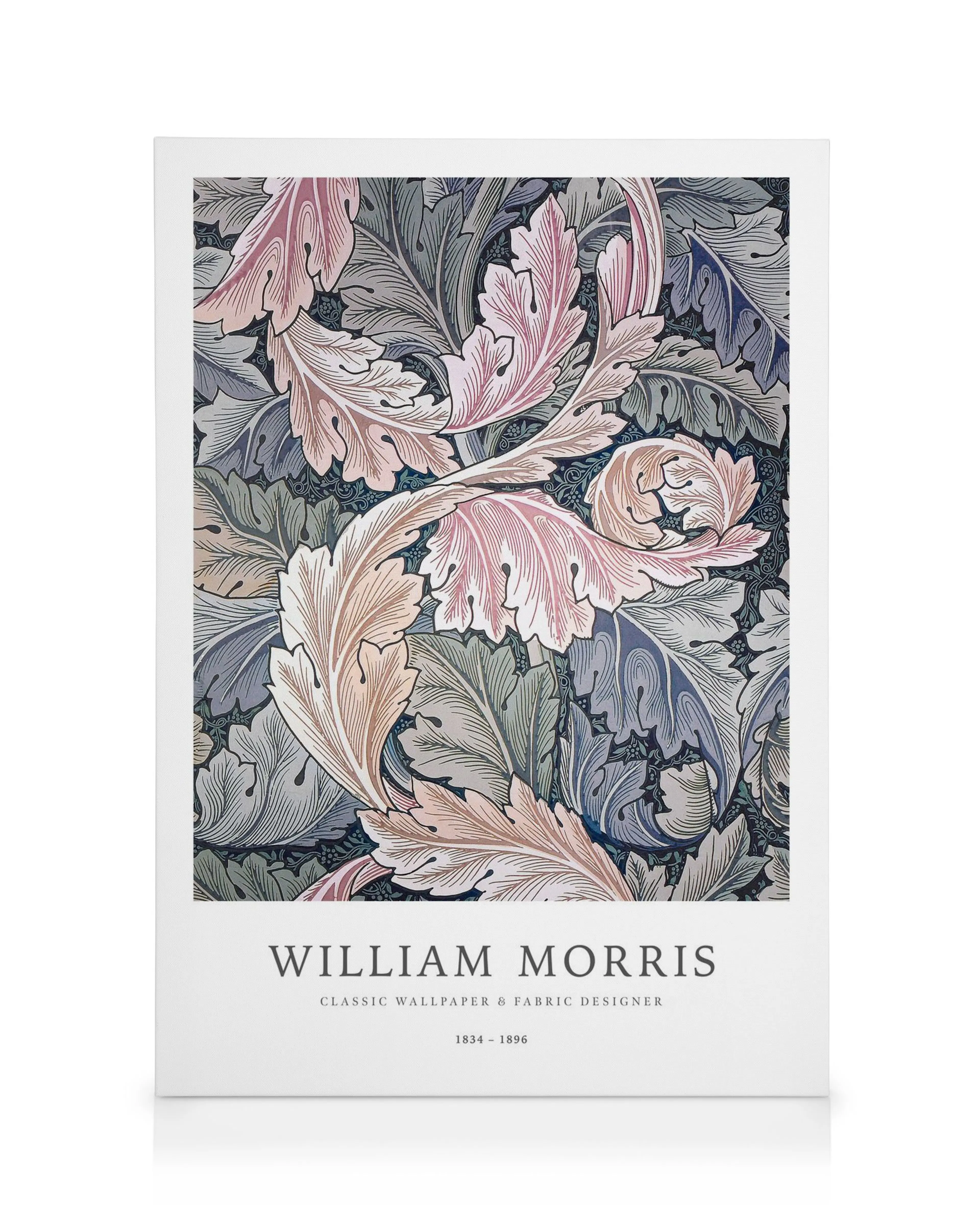 William Morris botanisk lærred; lyserøde, grønne og blå blade på mørk baggrund, med titlen William Morris nedenunder.
